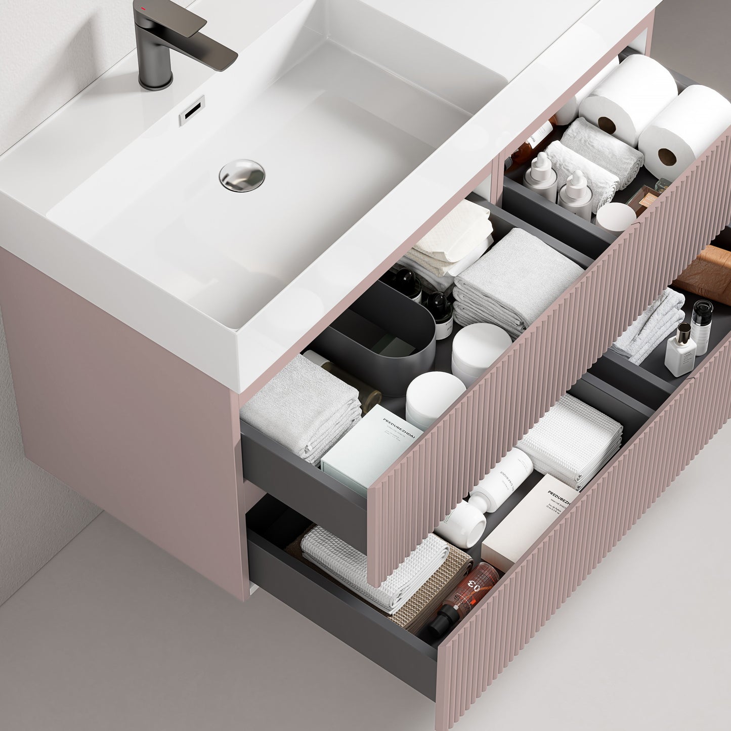 Mobile bagno sospeso cannettato 100 cm Rosa Retro Lavabo a Sinistra in Resina Senza Specchio - Fiji Paint con cassetti organizzati.