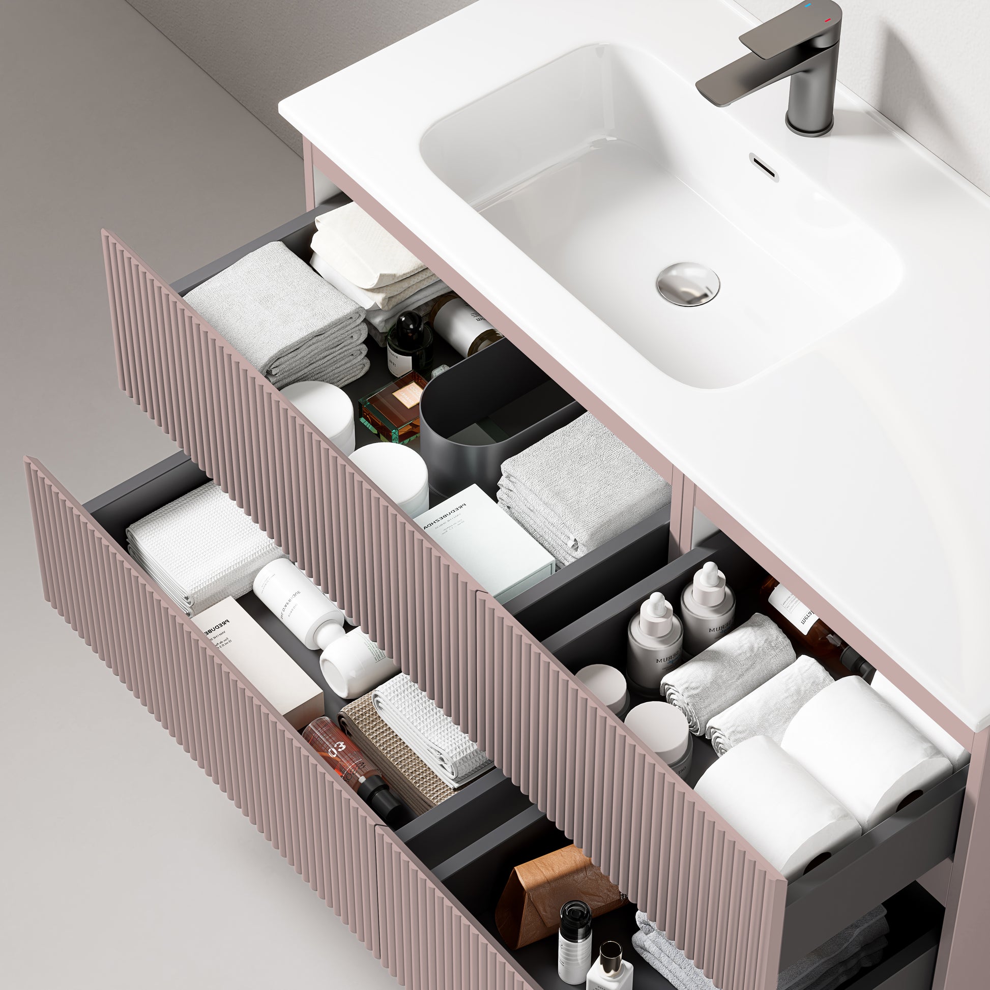 Mobile bagno sospeso cannettato 100 cm Rosa Retro Lavabo a Sinistra in Ceramica Senza Specchio - Fiji Paint con cassetti organizzati.