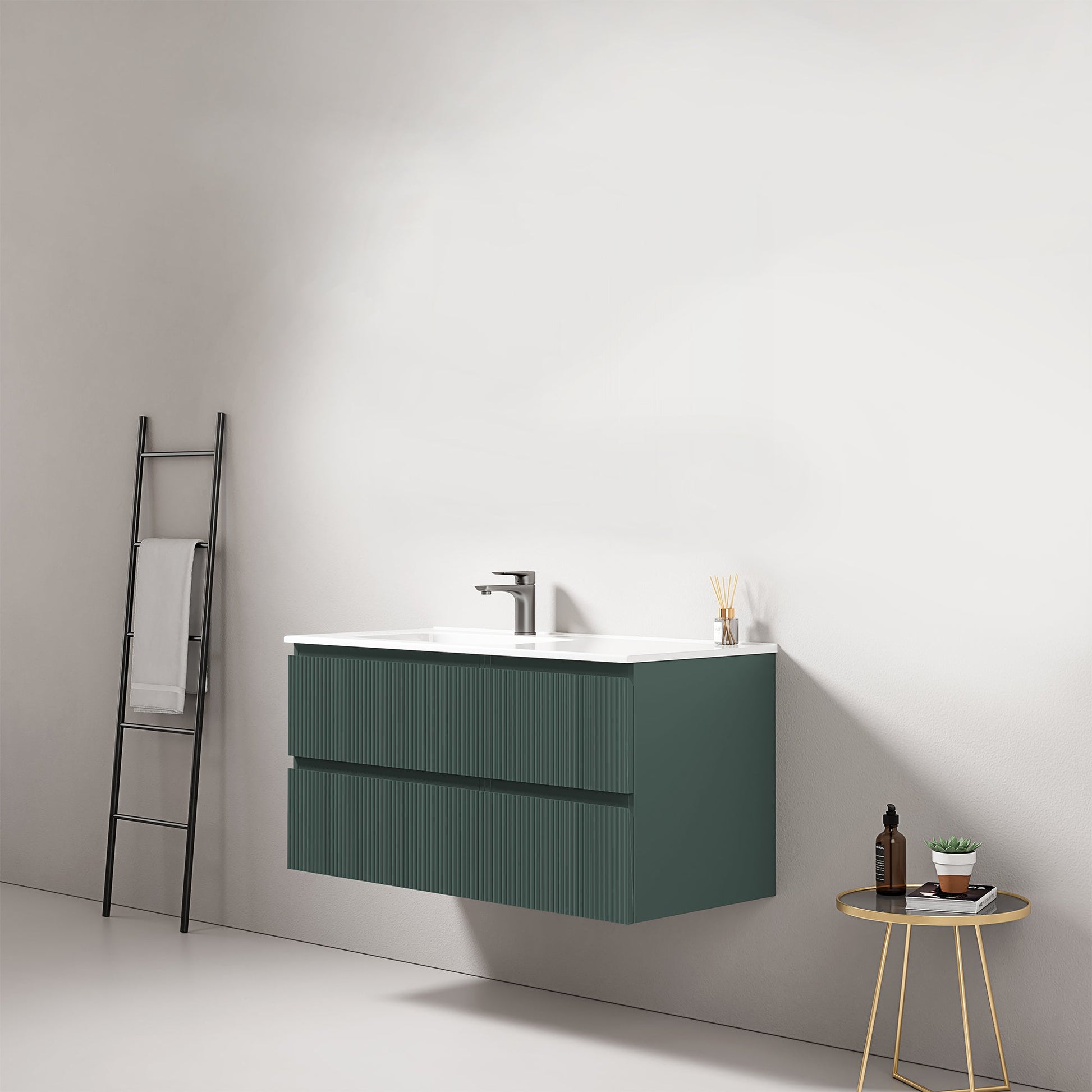 Mobile bagno sospeso cannettato 100 cm Verde Comodoro Lavabo a Sinistra in Ceramica Senza Specchio - Fiji Paint.