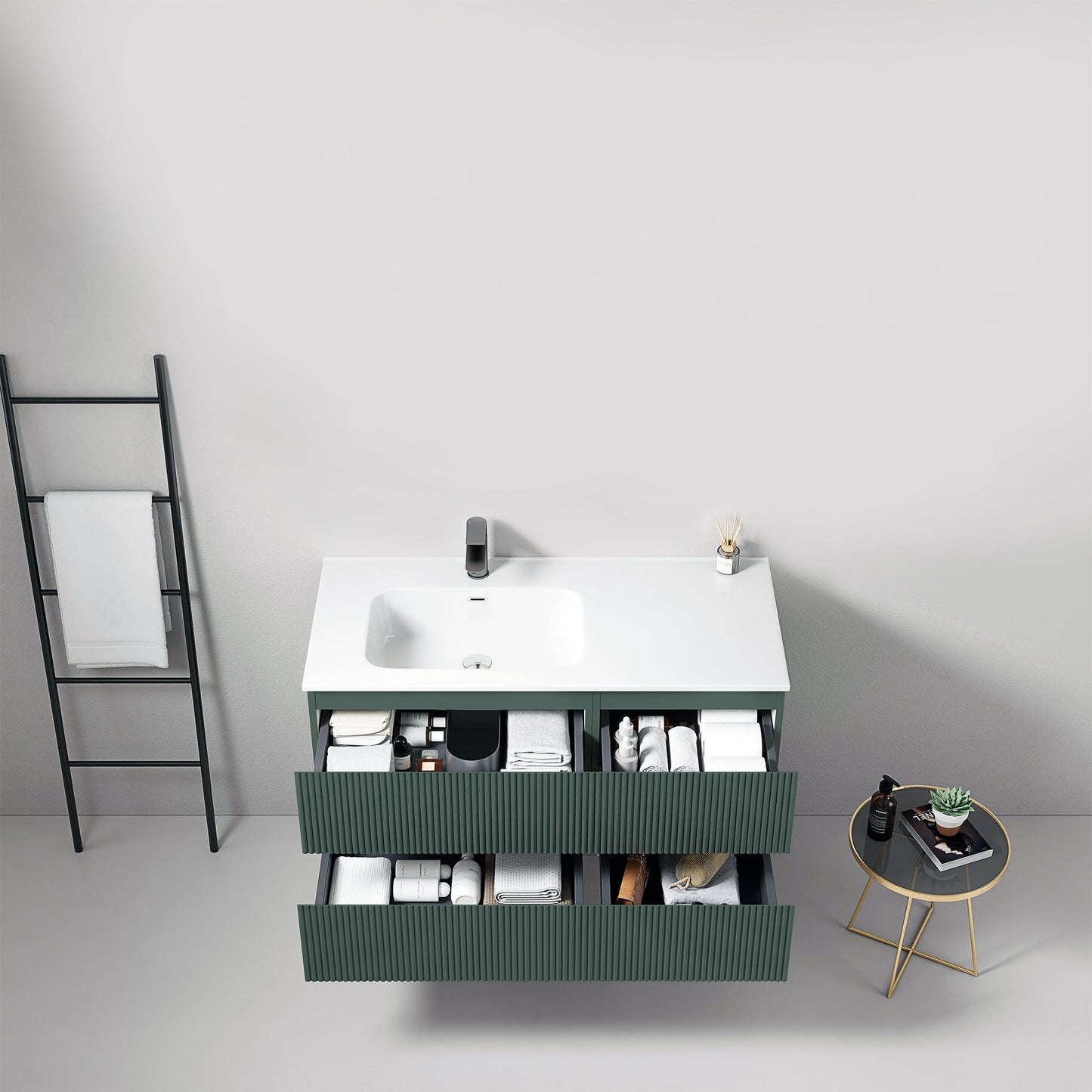Mobile bagno sospeso cannettato 100 cm Verde Comodoro Lavabo a Sinistra in Ceramica Senza Specchio - Fiji Paint