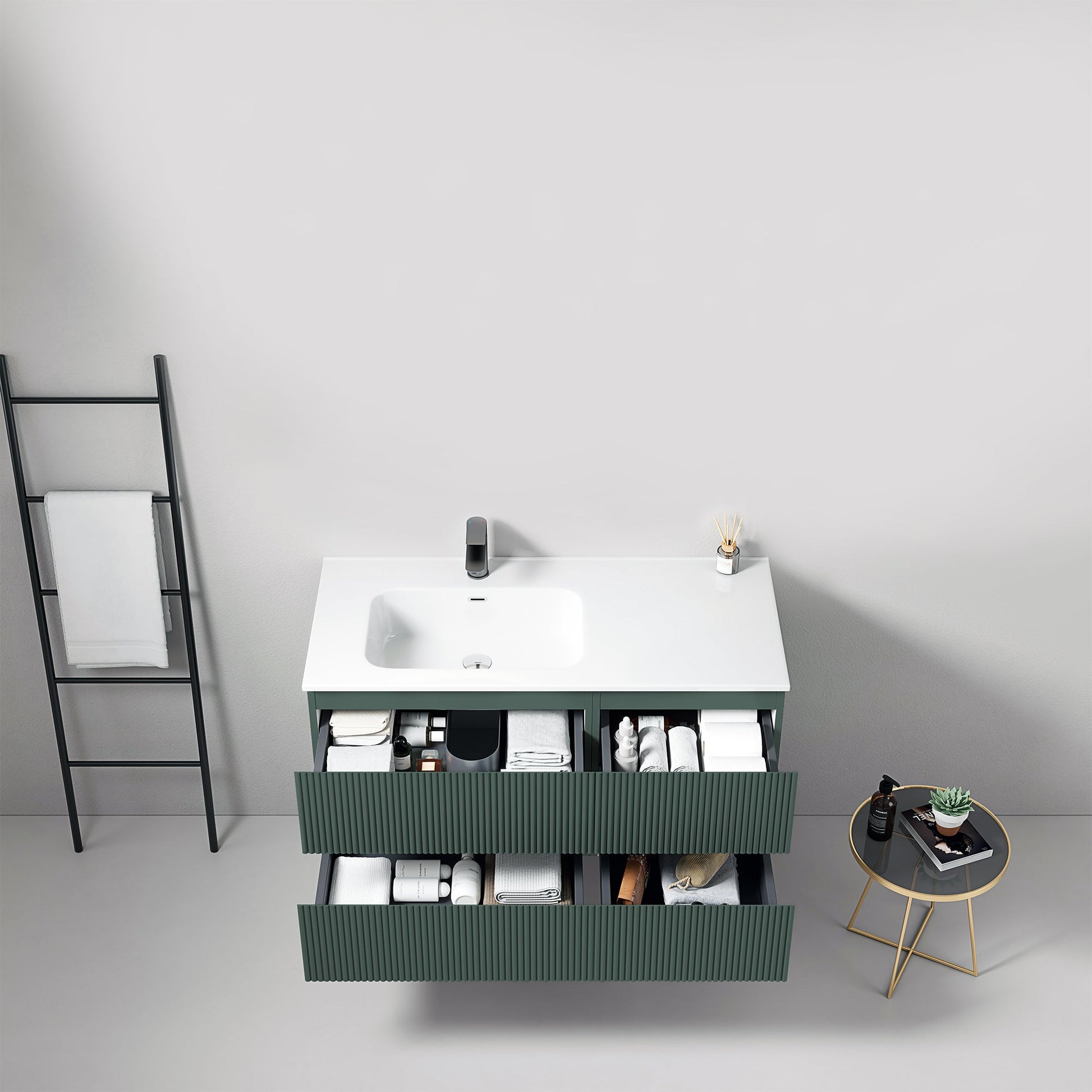 Mobile bagno sospeso cannettato 100 cm Verde Comodoro Lavabo a Sinistra in Ceramica Senza Specchio - Fiji Paint