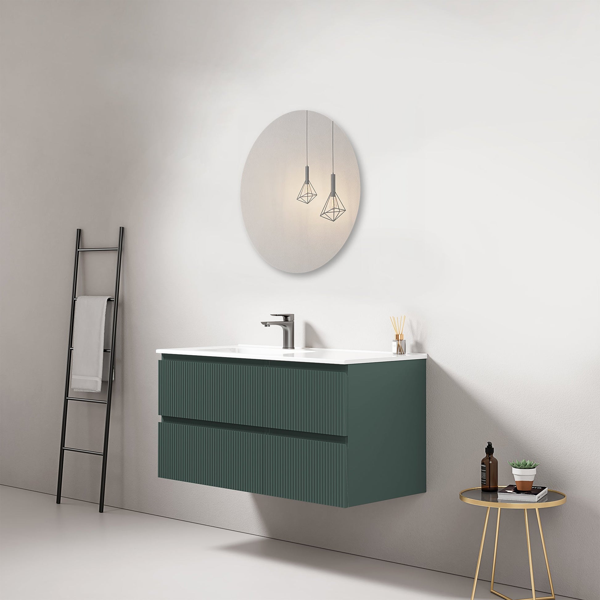 Mobile bagno sospeso cannettato 100 cm Verde Comodoro Lavabo a Sinistra in Ceramica Specchio Tondo - Fiji Paint