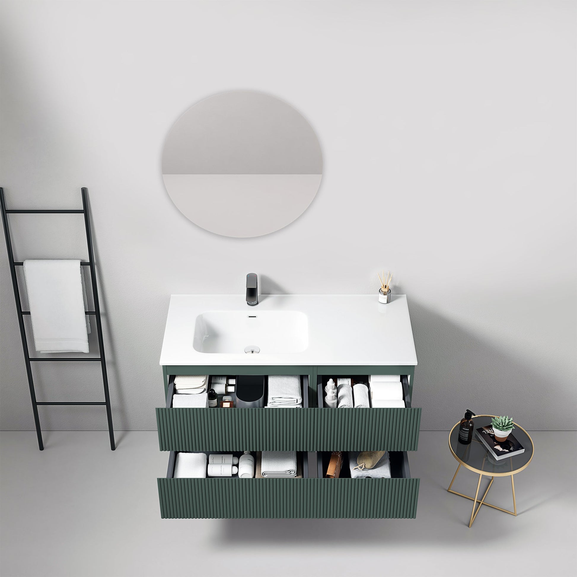 Mobile bagno sospeso cannettato 100 cm Verde Comodoro Lavabo a Sinistra in Ceramica Specchio Tondo - Fiji Paint