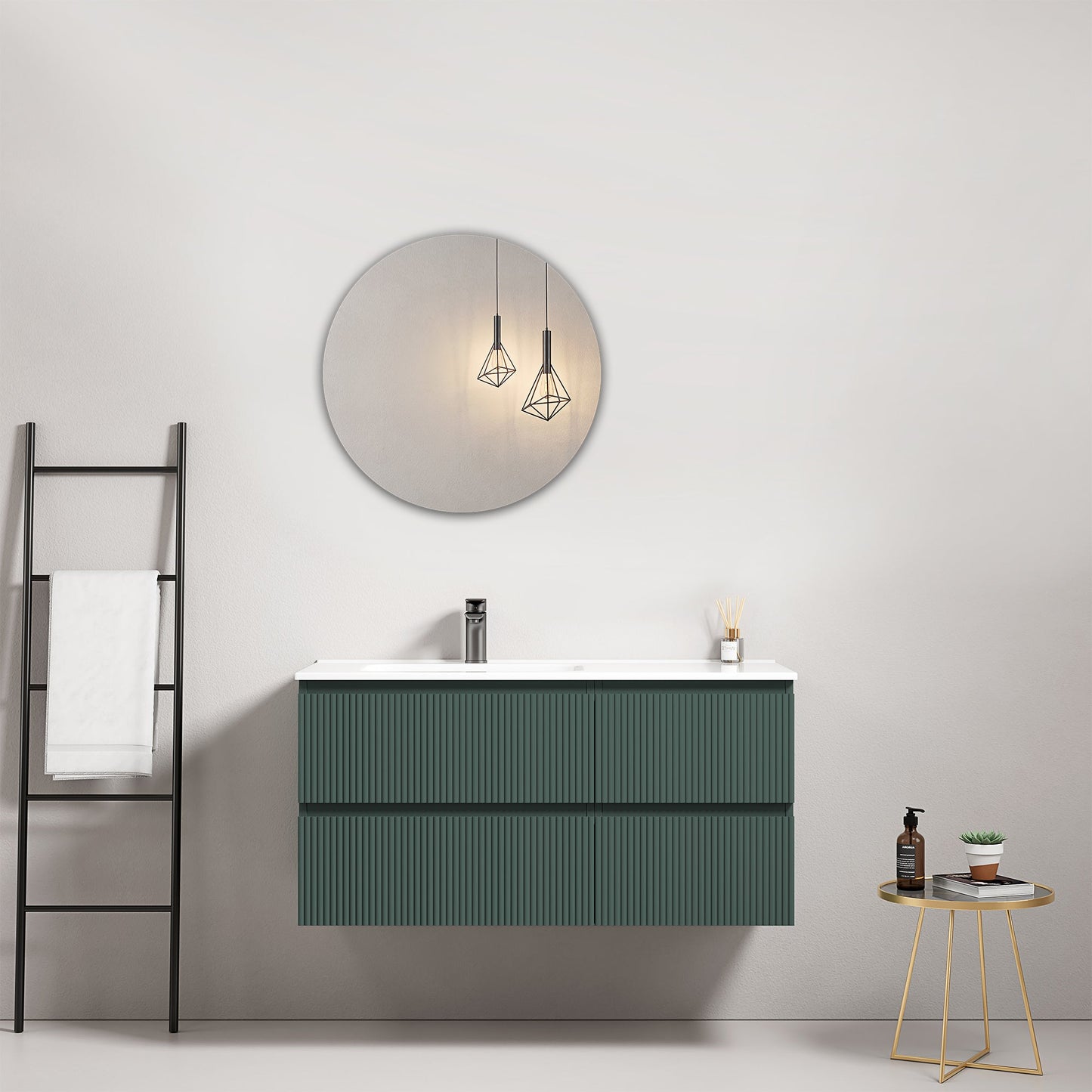 Mobile bagno sospeso cannettato 100 cm Verde Comodoro Lavabo a Sinistra in Ceramica Specchio Tondo - Fiji Paint