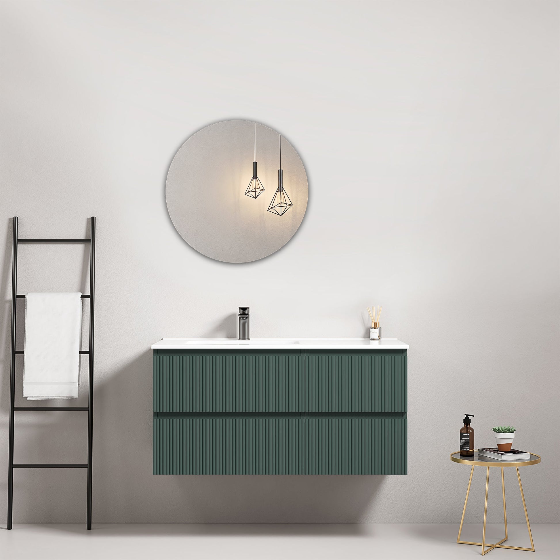 Mobile bagno sospeso cannettato 100 cm Verde Comodoro Lavabo a Sinistra in Ceramica Specchio Tondo - Fiji Paint