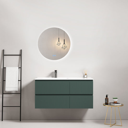 Mobile bagno sospeso cannettato 100 cm Verde Comodoro Lavabo a Sinistra in Ceramica Specchio Tondo Retroilluminato - Fiji Paint