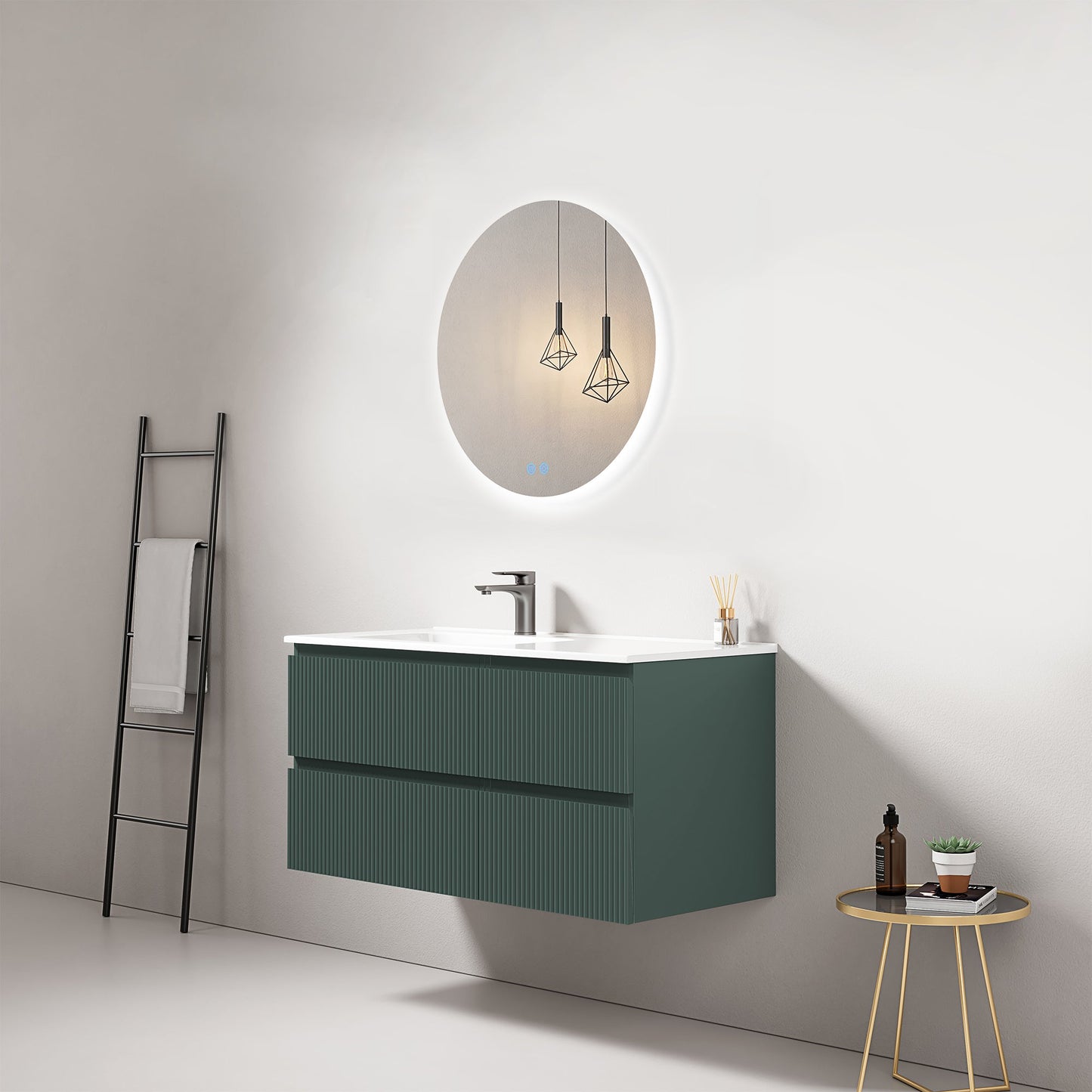 Mobile bagno sospeso cannettato 100 cm Verde Comodoro Lavabo a Sinistra in Ceramica Specchio Tondo Retroilluminato - Fiji Paint