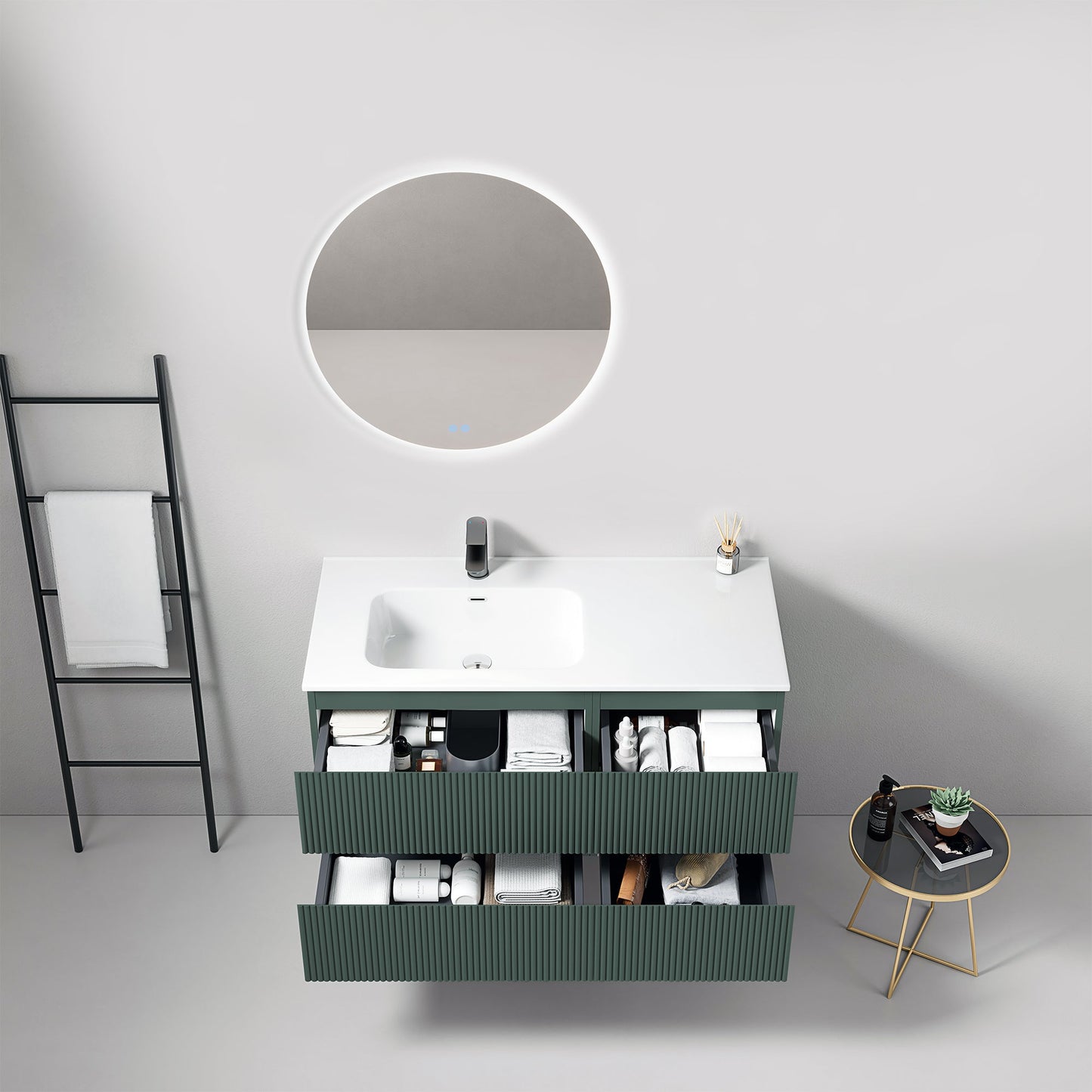 Mobile bagno sospeso cannettato 100 cm Verde Comodoro Lavabo a Sinistra in Ceramica Specchio Tondo Retroilluminato - Fiji Paint