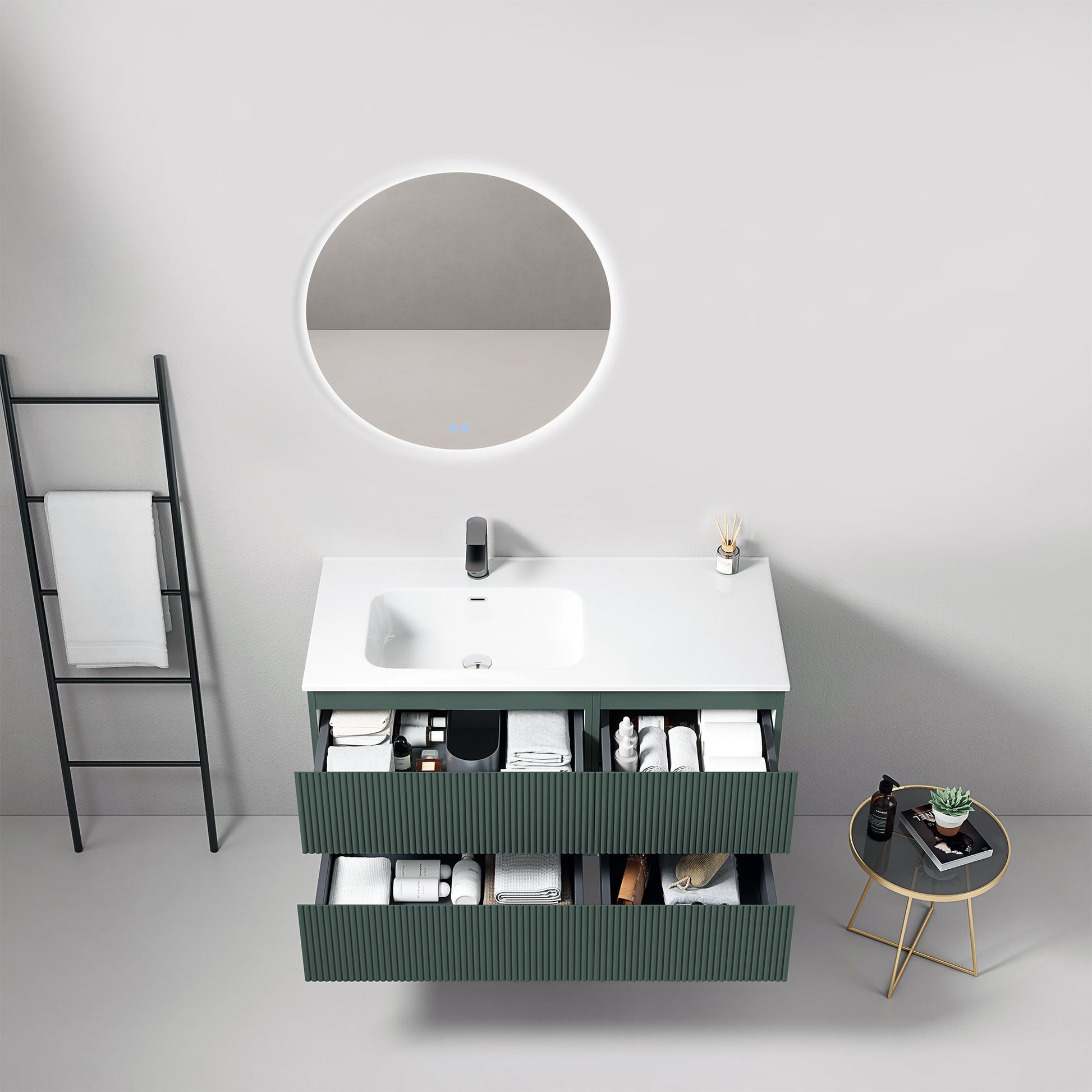 Mobile bagno sospeso cannettato 100 cm Verde Comodoro Lavabo a Sinistra in Ceramica Specchio Tondo Retroilluminato - Fiji Paint