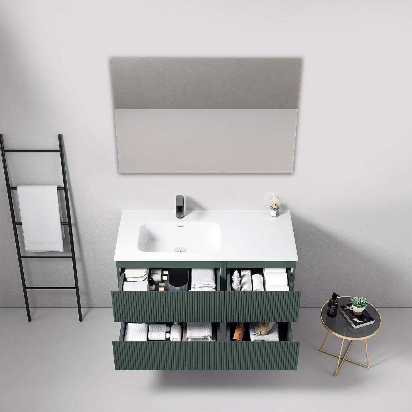 Mobile bagno sospeso cannettato 100 cm Verde Comodoro Lavabo a Sinistra in Ceramica Specchio Quadro - Fiji Paint