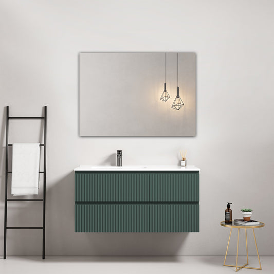 Mobile bagno sospeso cannettato 100 cm Verde Comodoro Lavabo a Sinistra in Ceramica Specchio Quadro - Fiji Paint