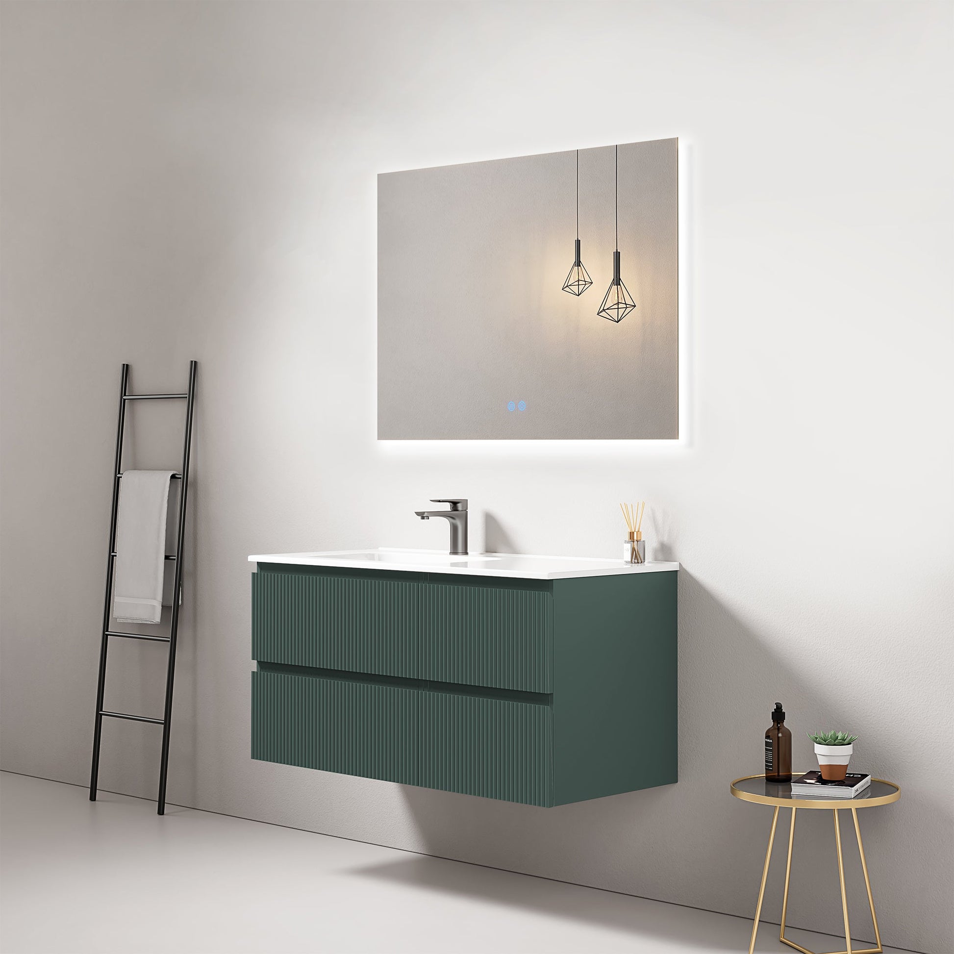 Mobile bagno sospeso cannettato 100 cm Verde Comodoro Lavabo a Sinistra in Ceramica Specchio Quadro Retroilluminato - Fiji Paint