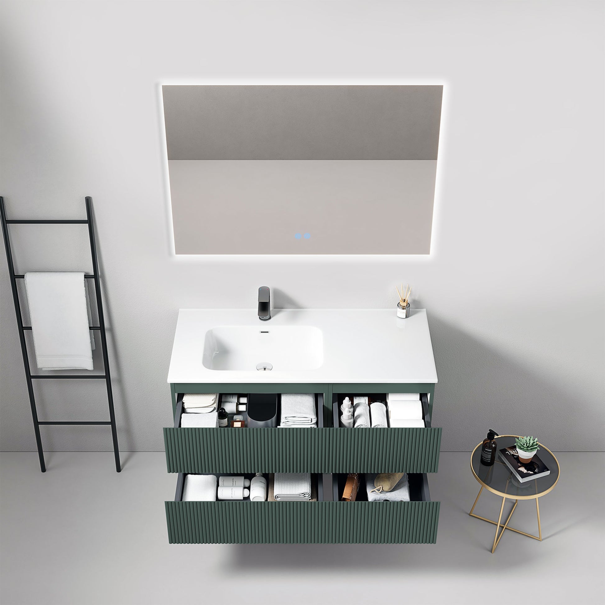 Mobile bagno sospeso cannettato 100 cm Verde Comodoro Lavabo a Sinistra in Ceramica Specchio Quadro Retroilluminato - Fiji Paint