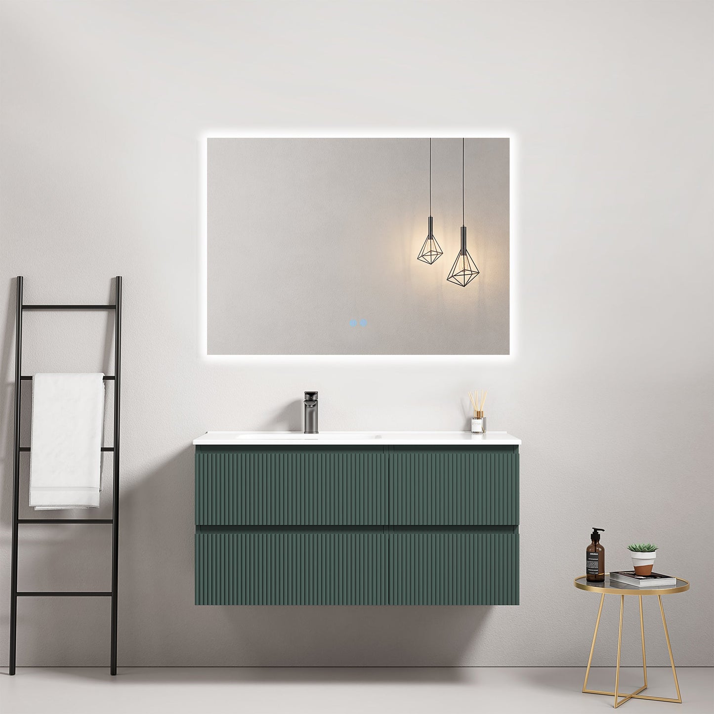 Mobile bagno sospeso cannettato 100 cm Verde Comodoro Lavabo a Sinistra in Ceramica Specchio Quadro Retroilluminato - Fiji Paint