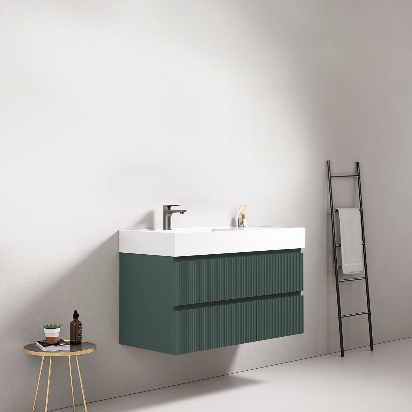Mobile bagno sospeso cannettato 100 cm Verde Comodoro Lavabo a Sinistra in Resina Senza Specchio - Fiji Paint.