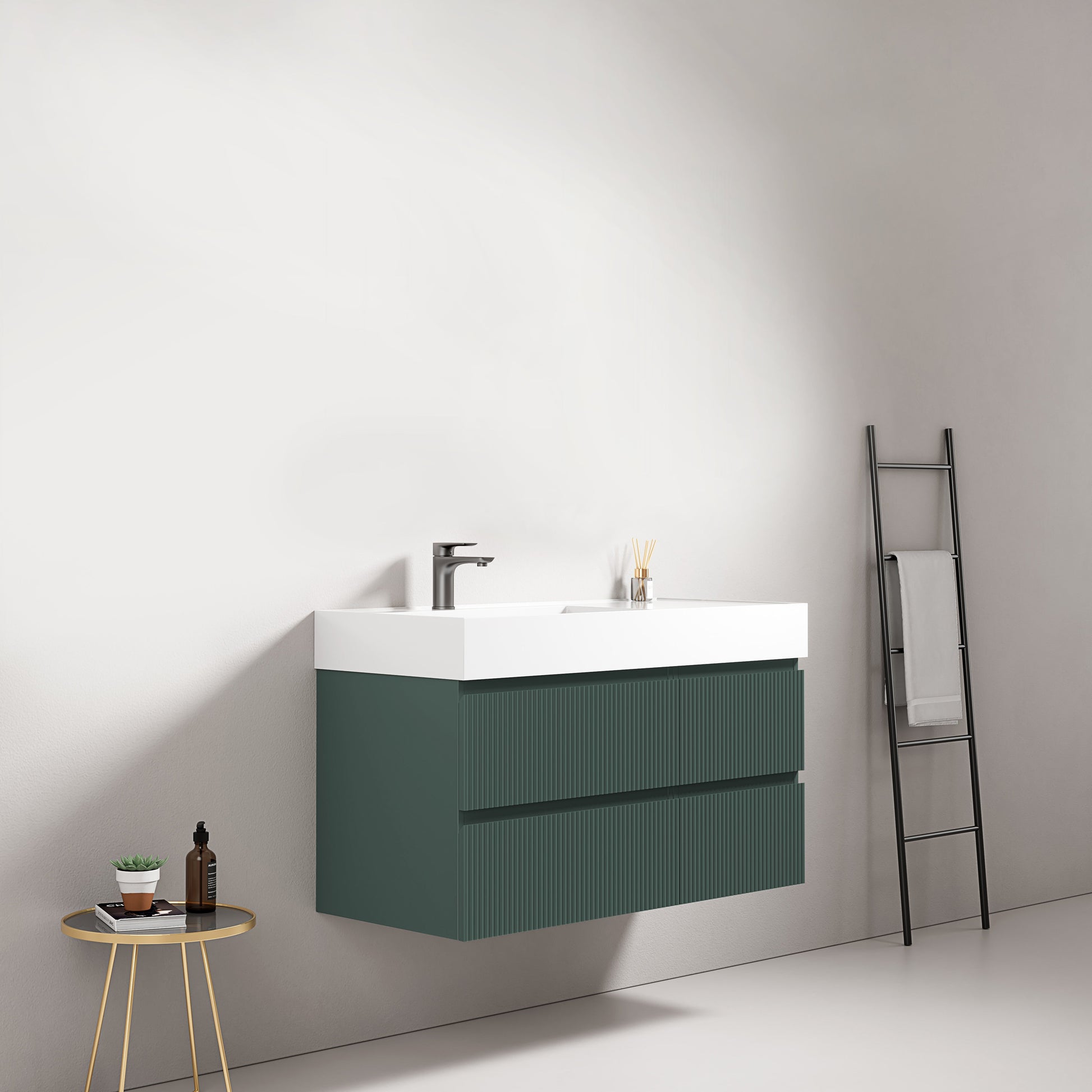 Mobile bagno sospeso cannettato 100 cm Verde Comodoro Lavabo a Sinistra in Resina Senza Specchio - Fiji Paint.