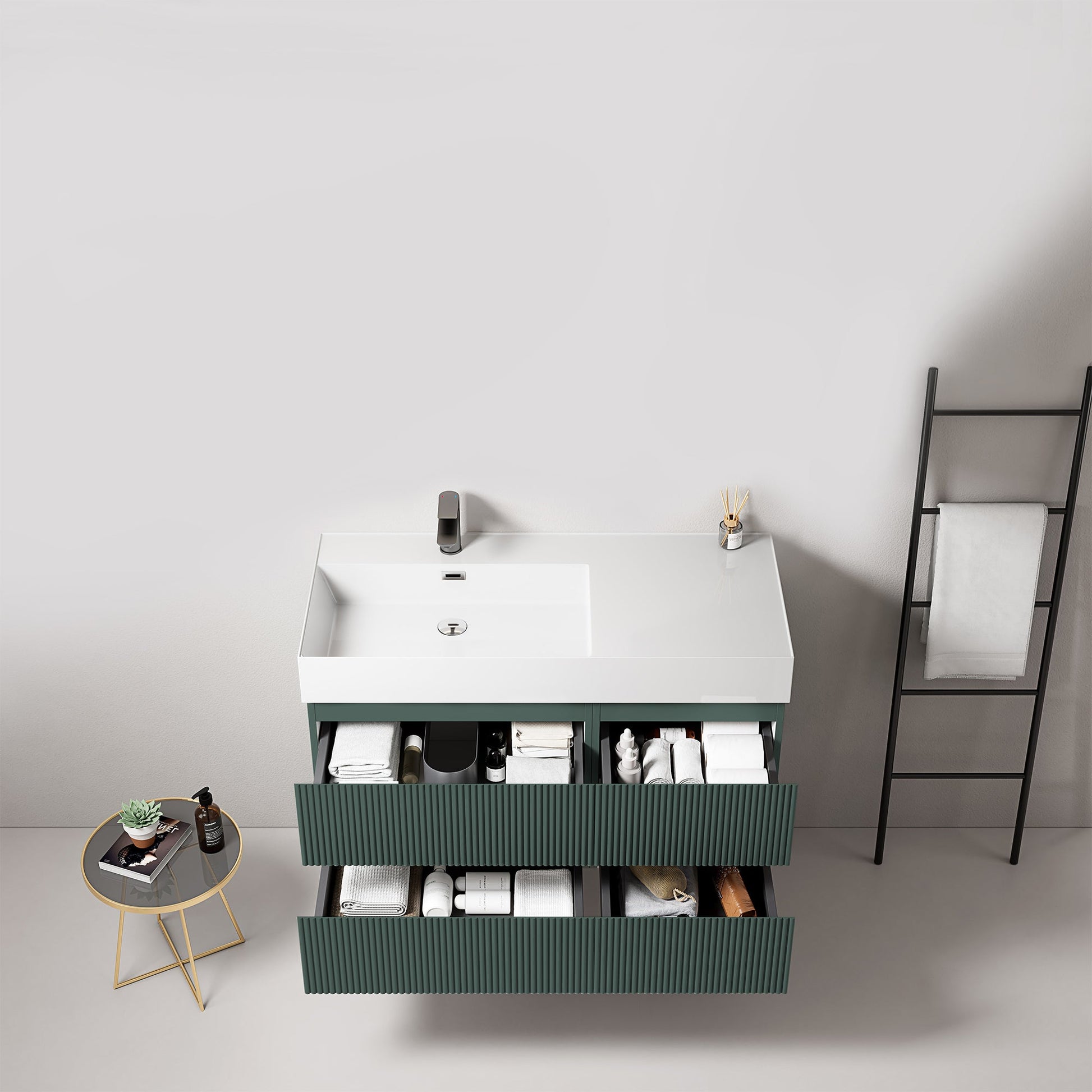Mobile bagno sospeso cannettato 100 cm Verde Comodoro Lavabo a Sinistra in Resina Senza Specchio - Fiji Paint