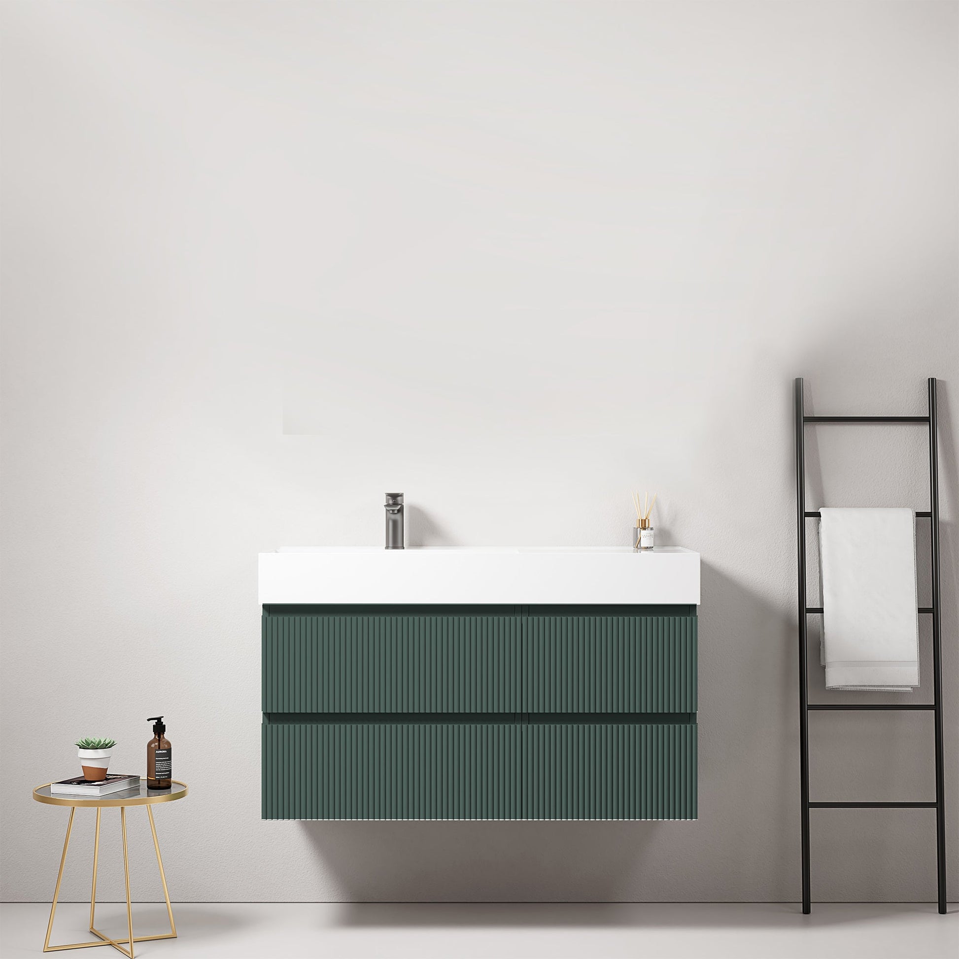 Mobile bagno sospeso cannettato 100 cm Verde Comodoro Lavabo a Sinistra in Resina Senza Specchio - Fiji Paint