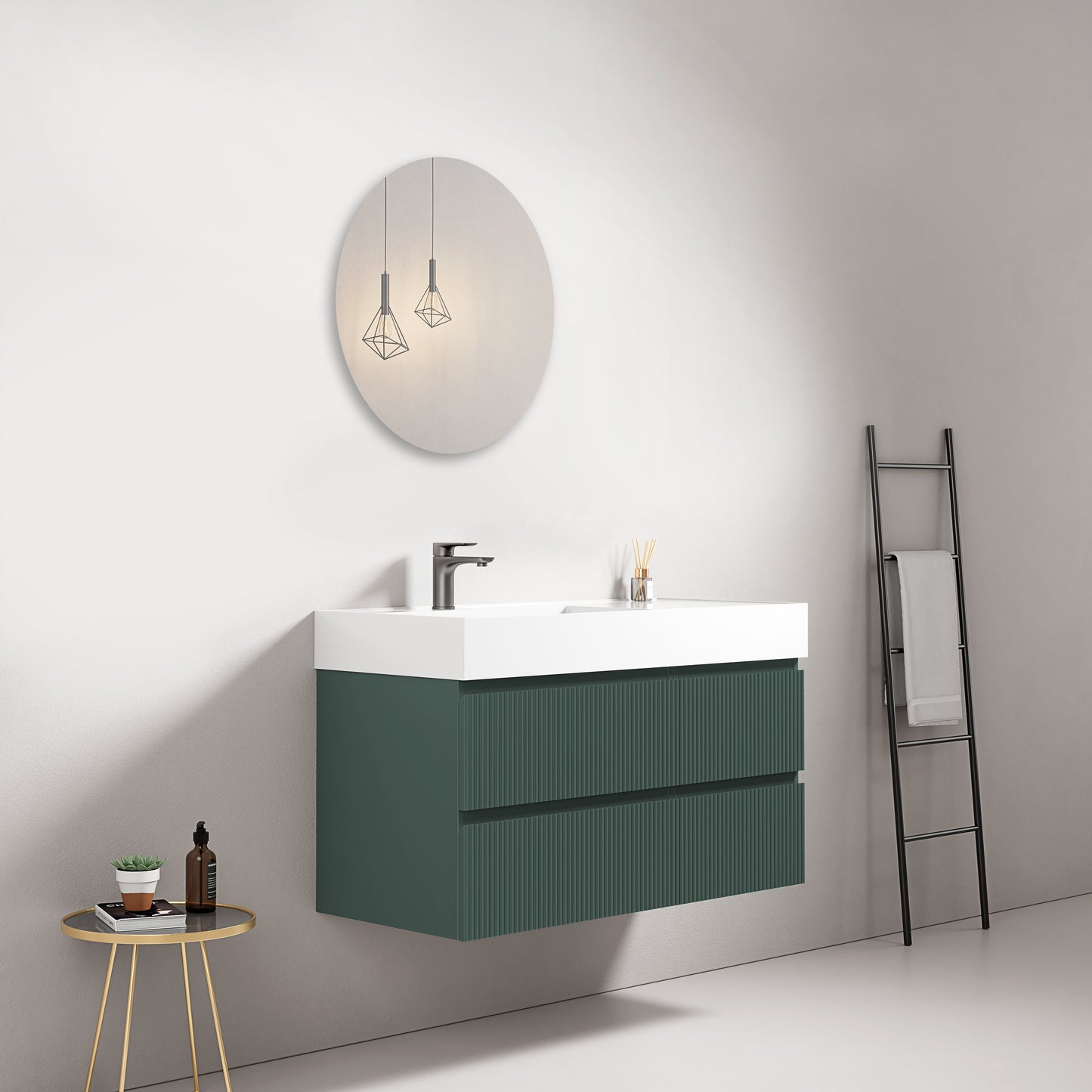 Mobile bagno sospeso cannettato 100 cm Verde Comodoro Lavabo a Sinistra in Resina Specchio Tondo - Fiji Paint