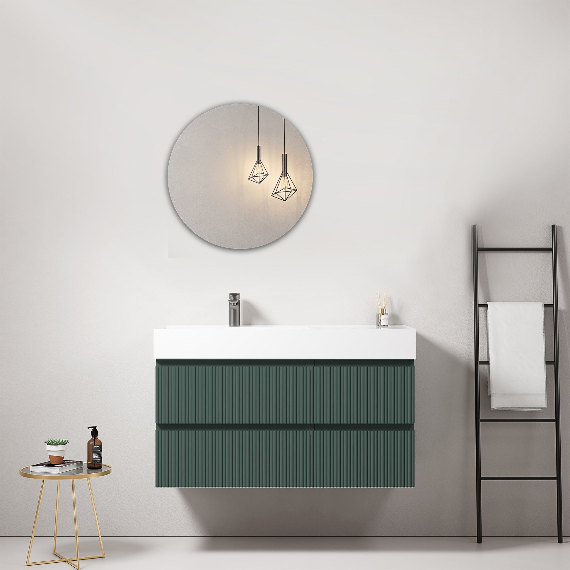 Mobile bagno sospeso cannettato 100 cm Verde Comodoro Lavabo a Sinistra in Resina Specchio Tondo - Fiji Paint