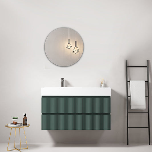 Mobile bagno sospeso cannettato 100 cm Verde Comodoro Lavabo a Sinistra in Resina Specchio Tondo - Fiji Paint.