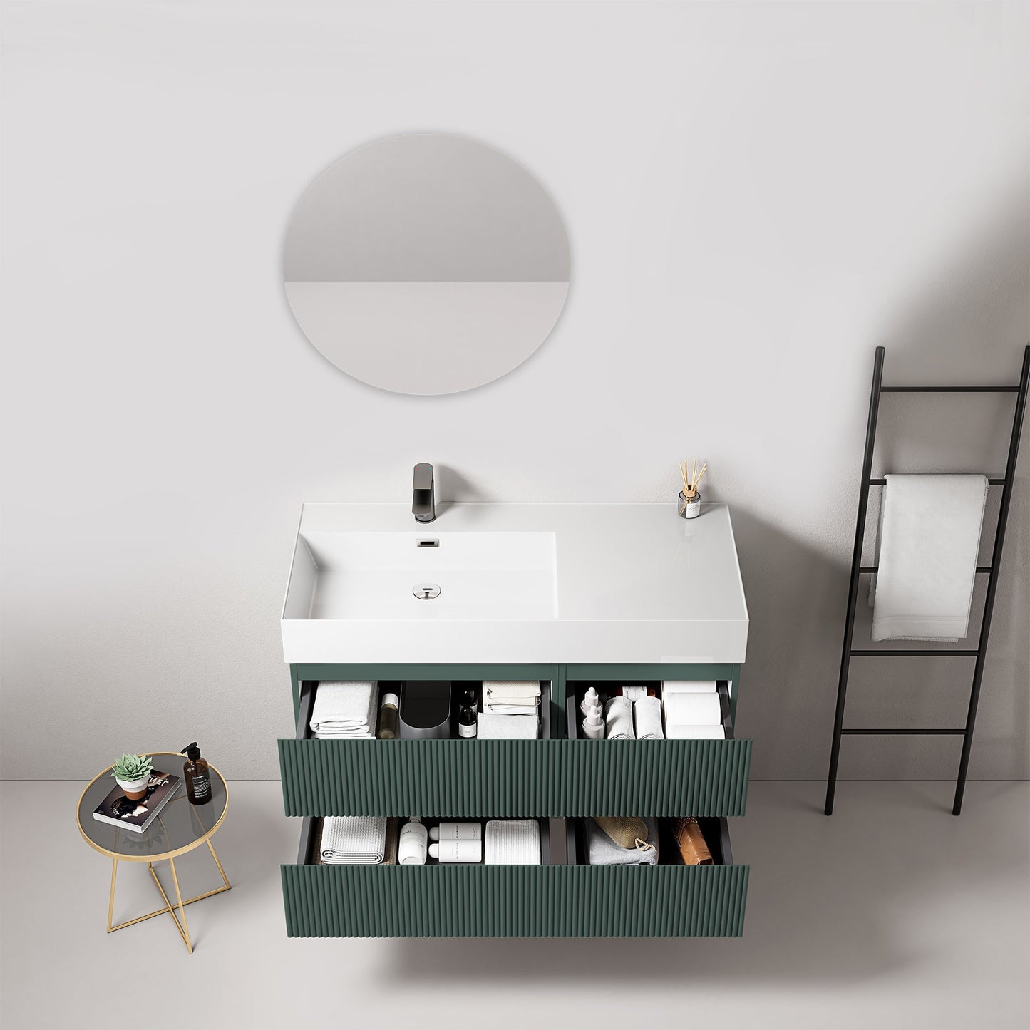 Mobile bagno sospeso cannettato 100 cm Verde Comodoro Lavabo a Sinistra in Resina Specchio Tondo - Fiji Paint