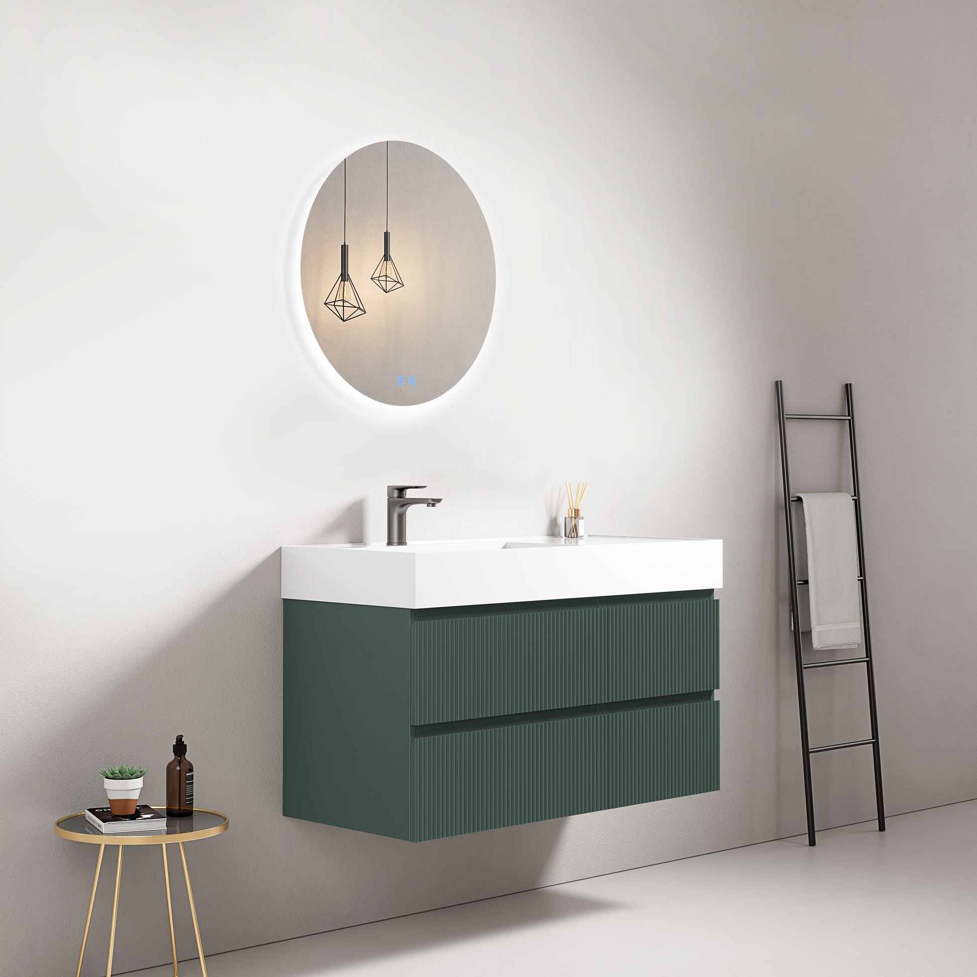 Mobile bagno sospeso cannettato 100 cm Verde Comodoro Lavabo a Sinistra in Resina Specchio Tondo Retroilluminato - Fiji Paint
