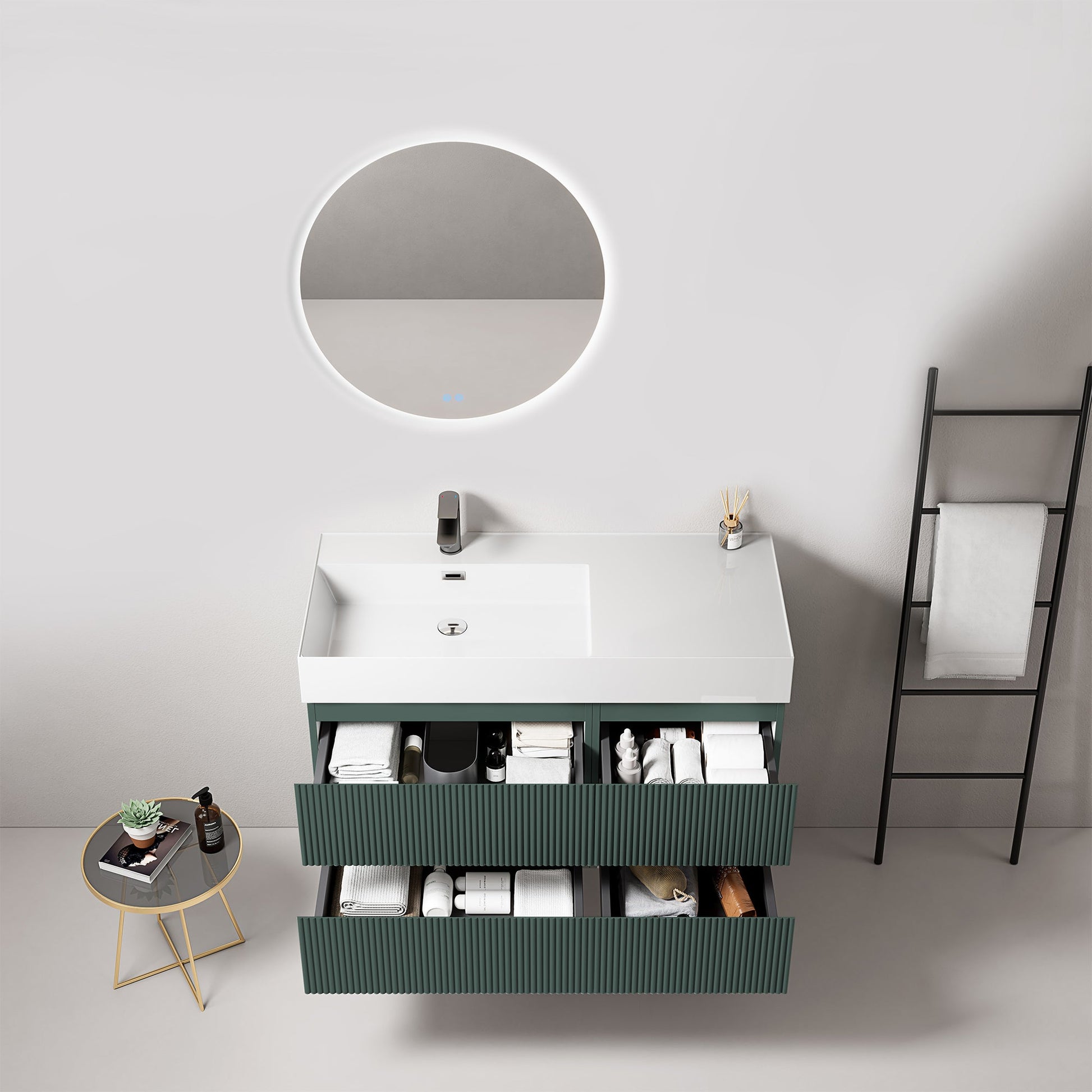 Mobile bagno sospeso cannettato 100 cm Verde Comodoro Lavabo a Sinistra in Resina Specchio Tondo Retroilluminato - Fiji Paint
