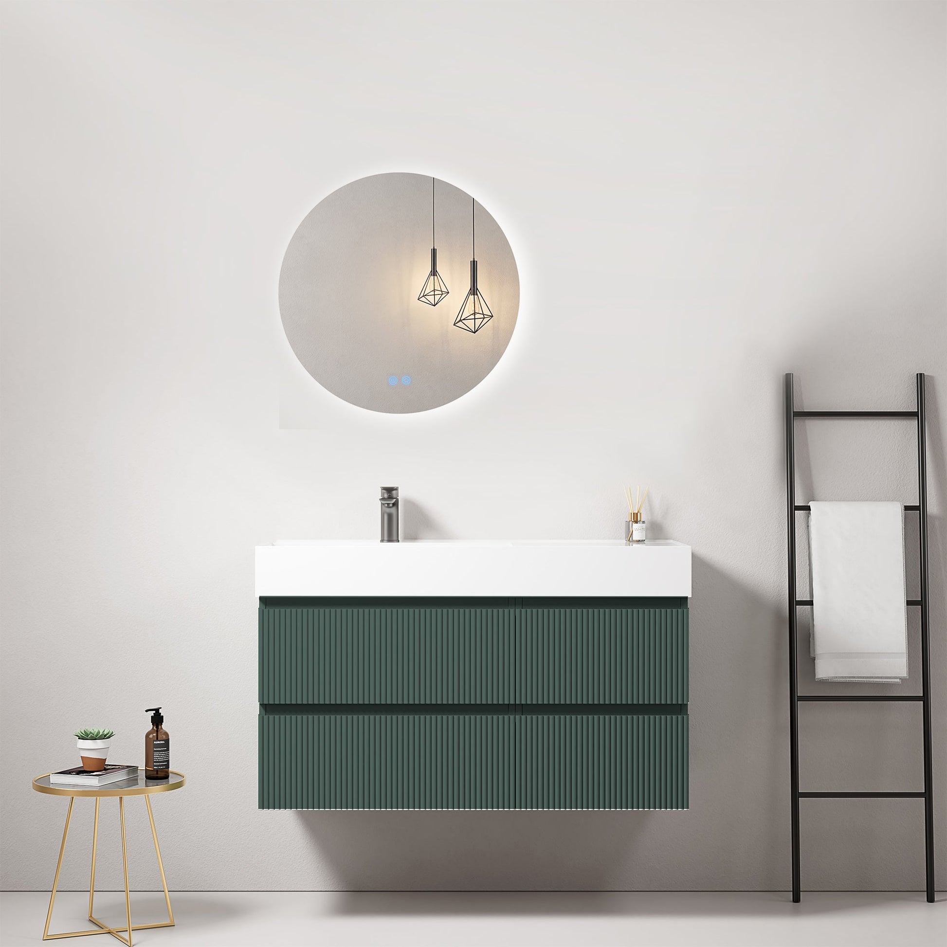 Mobile bagno sospeso cannettato 100 cm Verde Comodoro Lavabo a Sinistra in Resina Specchio Tondo Retroilluminato - Fiji Paint