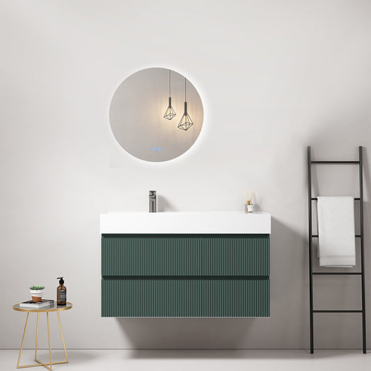 Mobile bagno sospeso cannettato 100 cm Verde Comodoro Lavabo a Sinistra in Resina Specchio Tondo Retroilluminato - Fiji Paint