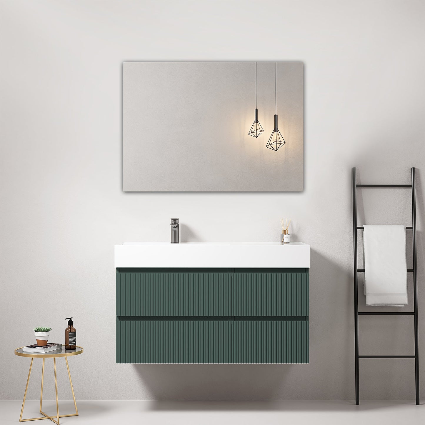 Mobile bagno sospeso cannettato 100 cm Verde Comodoro Lavabo a Sinistra in Resina Specchio Quadro - Fiji Paint
