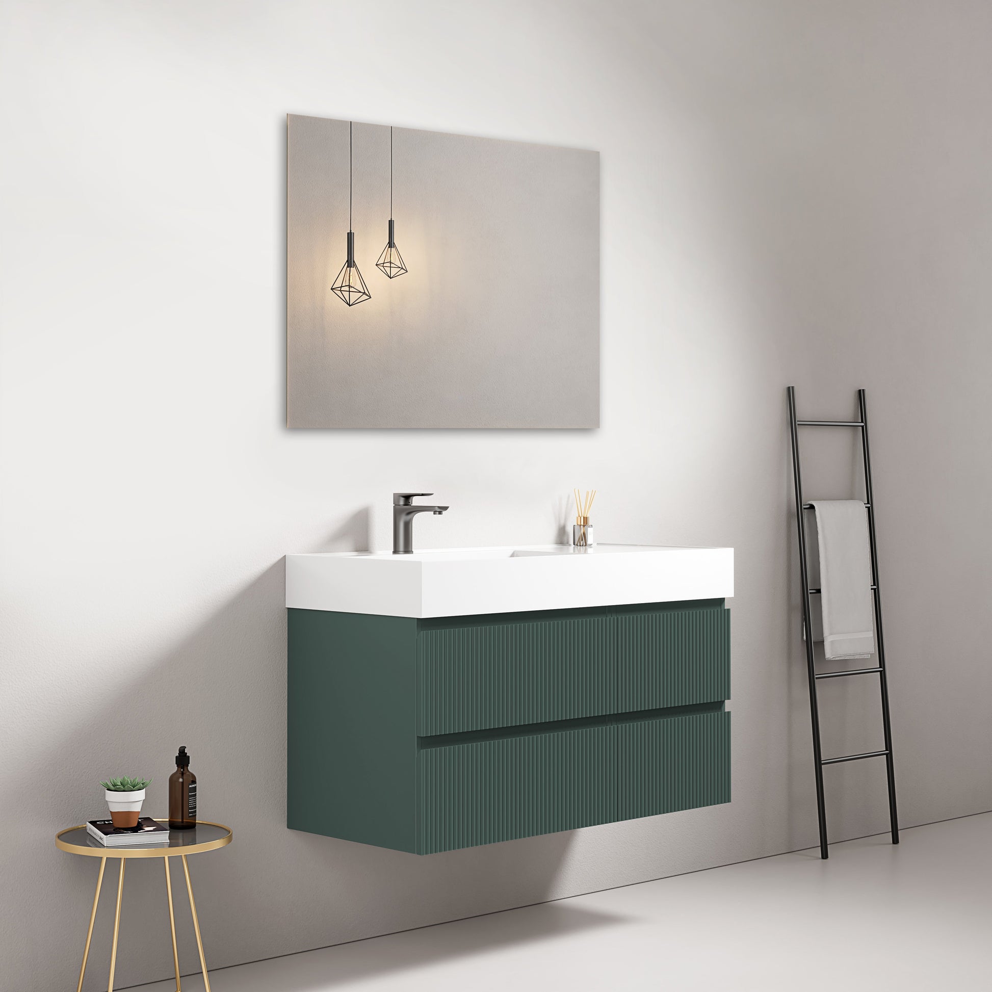 Mobile bagno sospeso cannettato 100 cm Verde Comodoro Lavabo a Sinistra in Resina Specchio Quadro - Fiji Paint
