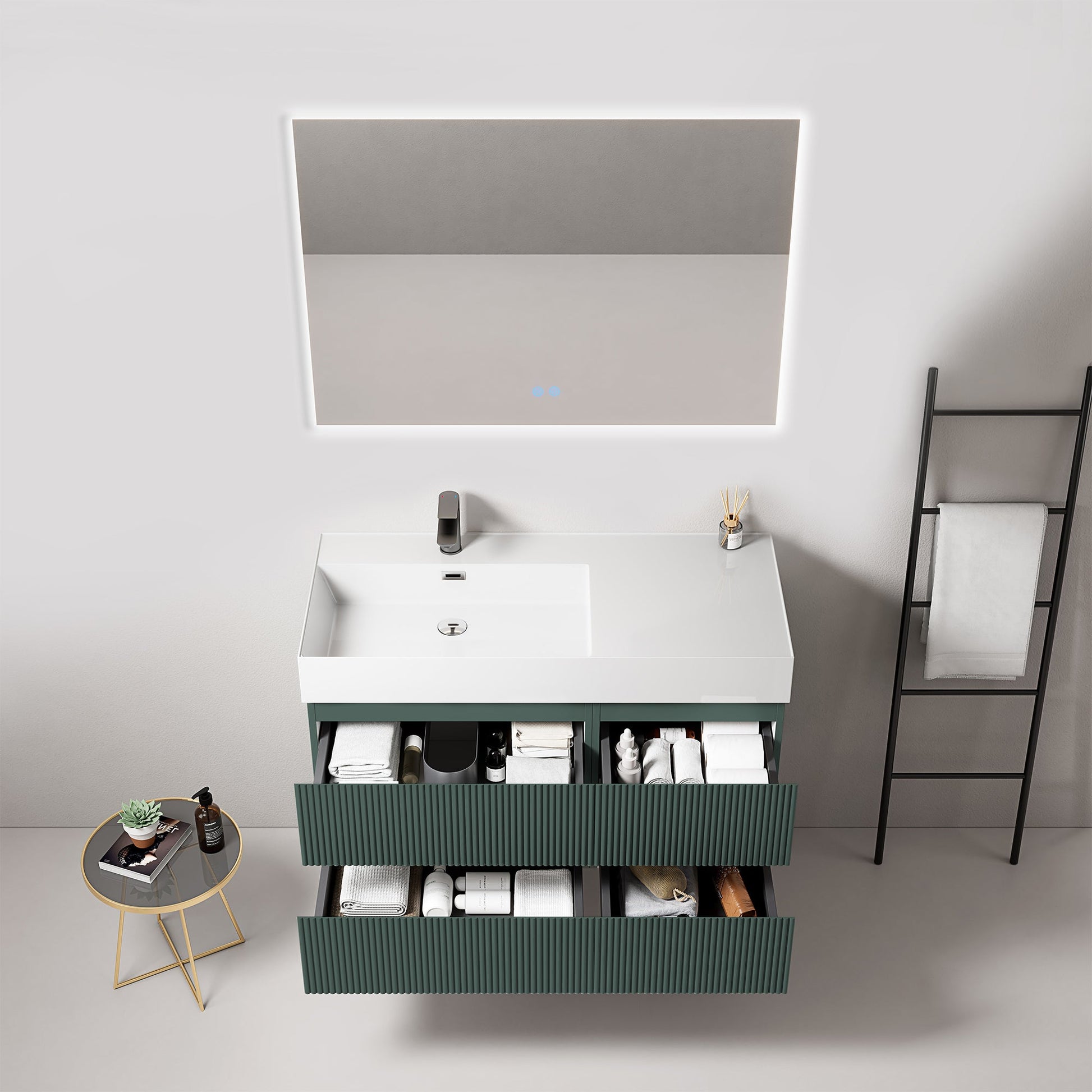Mobile bagno sospeso cannettato 100 cm Verde Comodoro Lavabo a Sinistra in Resina Specchio Quadro Retroilluminato - Fiji Paint