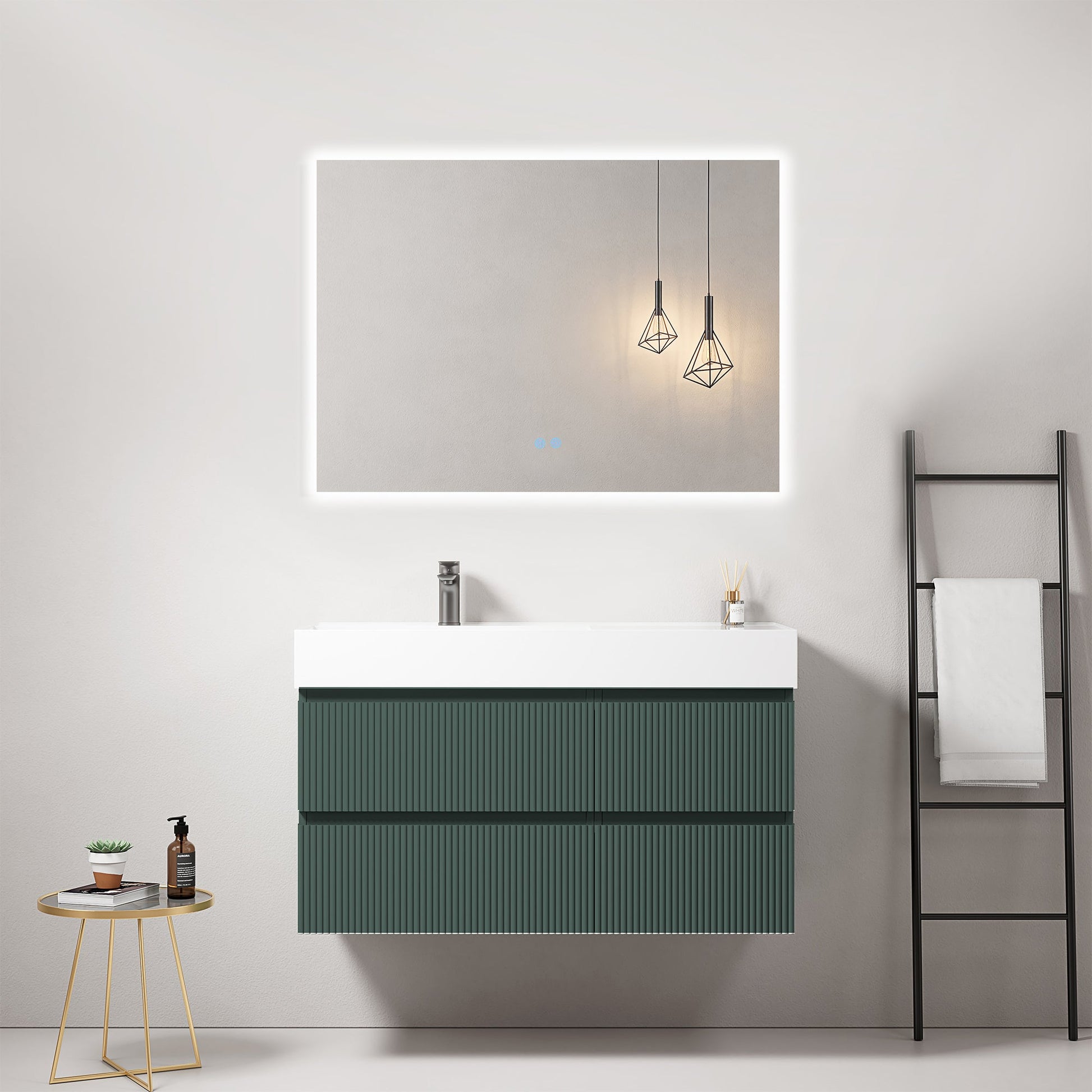 Mobile bagno sospeso cannettato 100 cm Verde Comodoro Lavabo a Sinistra in Resina Specchio Quadro Retroilluminato - Fiji Paint