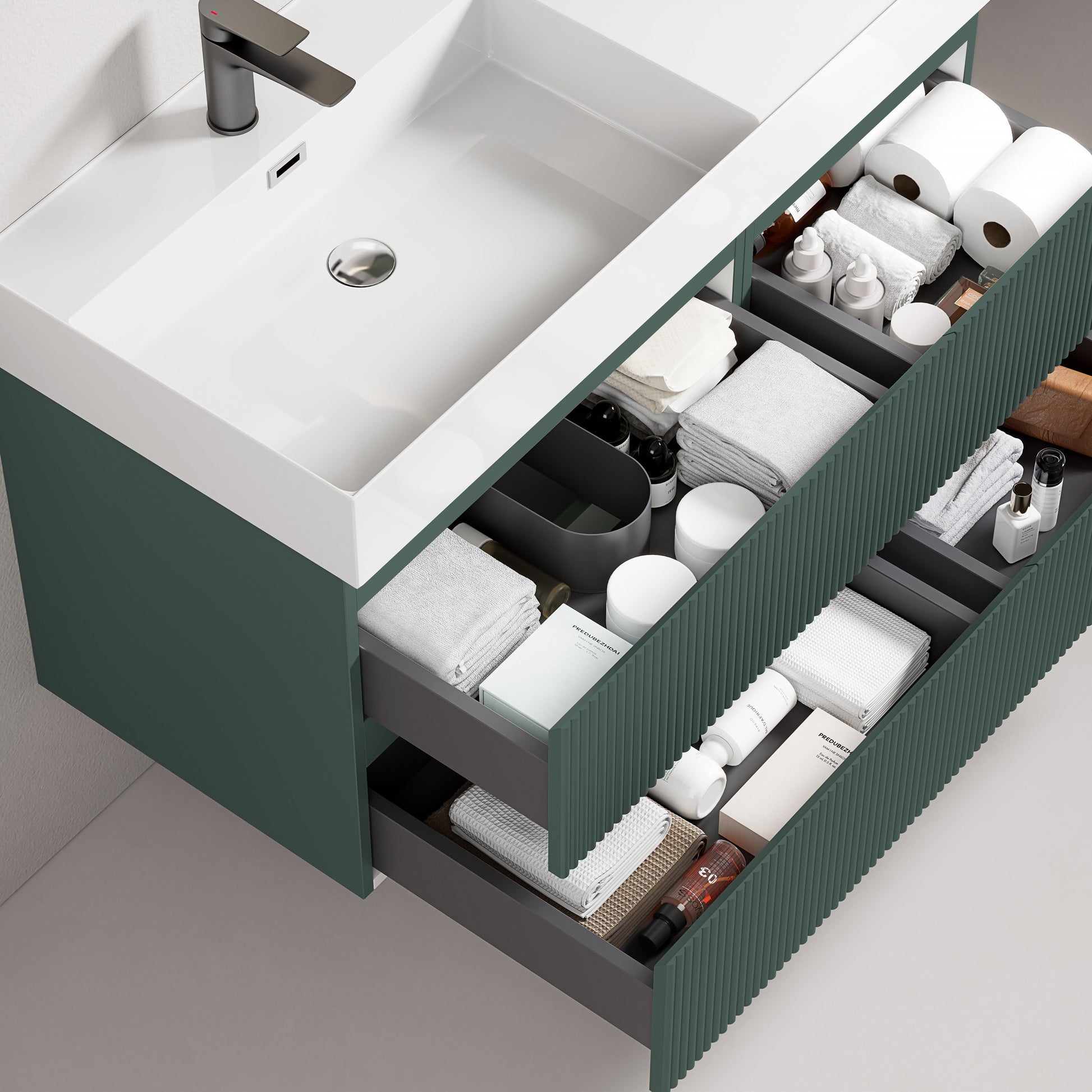 Mobile bagno sospeso cannettato 100 cm Verde Comodoro Lavabo a Sinistra in Resina Specchio Tondo - Fiji Paint con cassetti aperti.