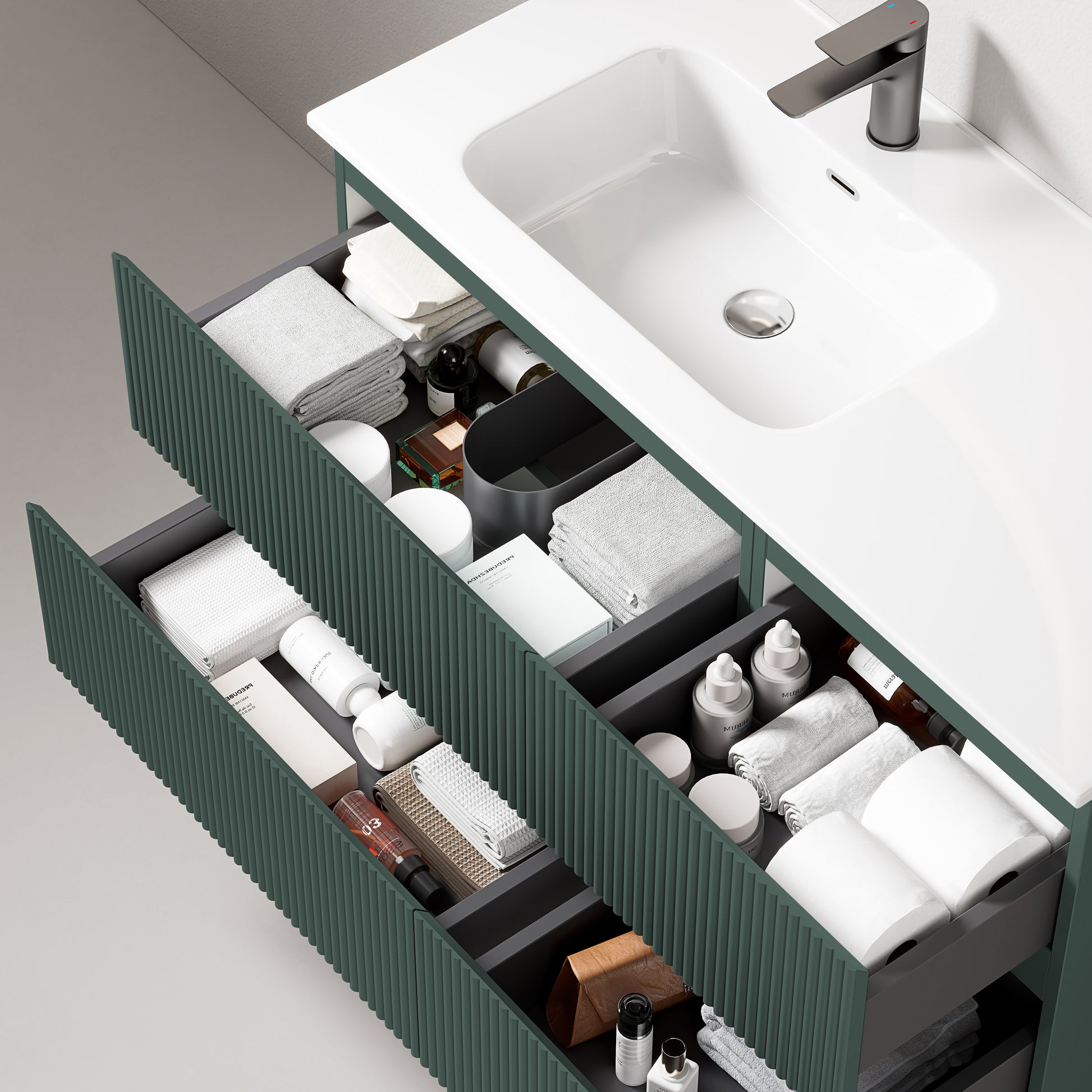 Mobile bagno sospeso cannettato 100 cm Verde Comodoro Lavabo a Sinistra in Ceramica Senza Specchio - Fiji Paint con cassetti organizzati.