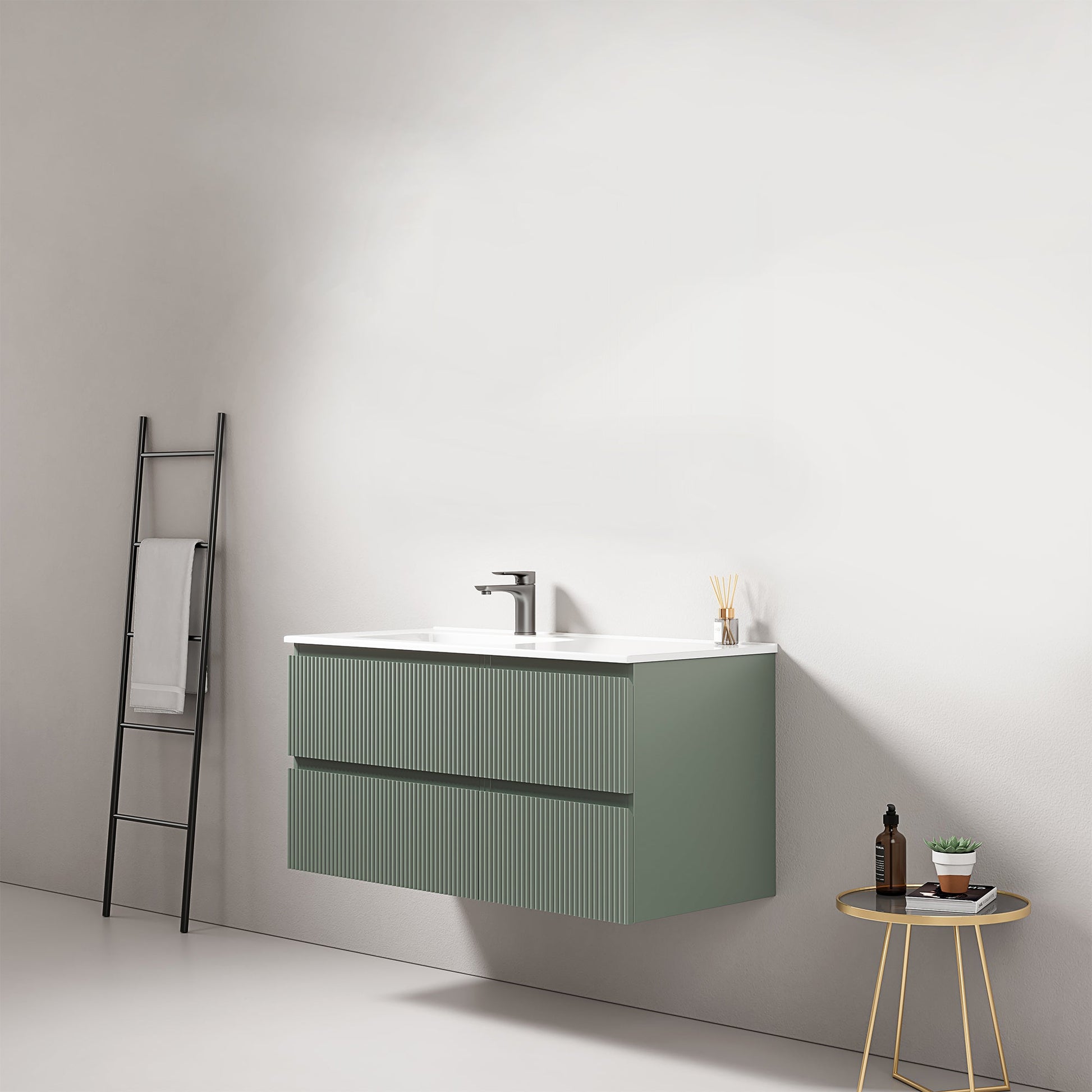Mobile bagno sospeso cannettato 100 cm Verde Salvia Lavabo a Sinistra in Ceramica Senza Specchio - Fiji Paint