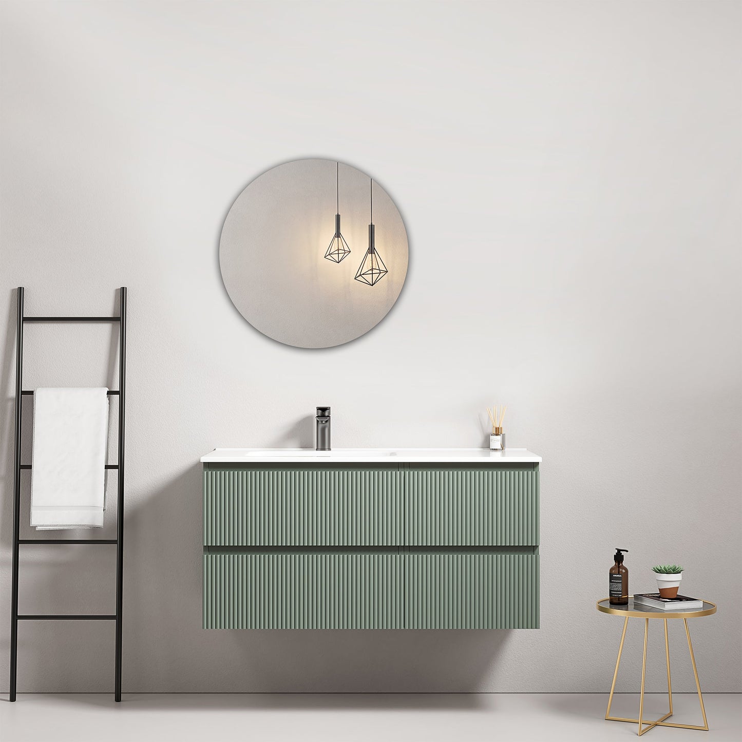 Mobile bagno sospeso cannettato 100 cm Verde Salvia Lavabo a Sinistra in Ceramica Specchio Tondo - Fiji Paint con specchio tondo.