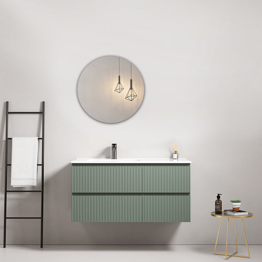 Mobile bagno sospeso cannettato 100 cm Verde Salvia Lavabo a Sinistra in Ceramica Specchio Tondo - Fiji Paint
