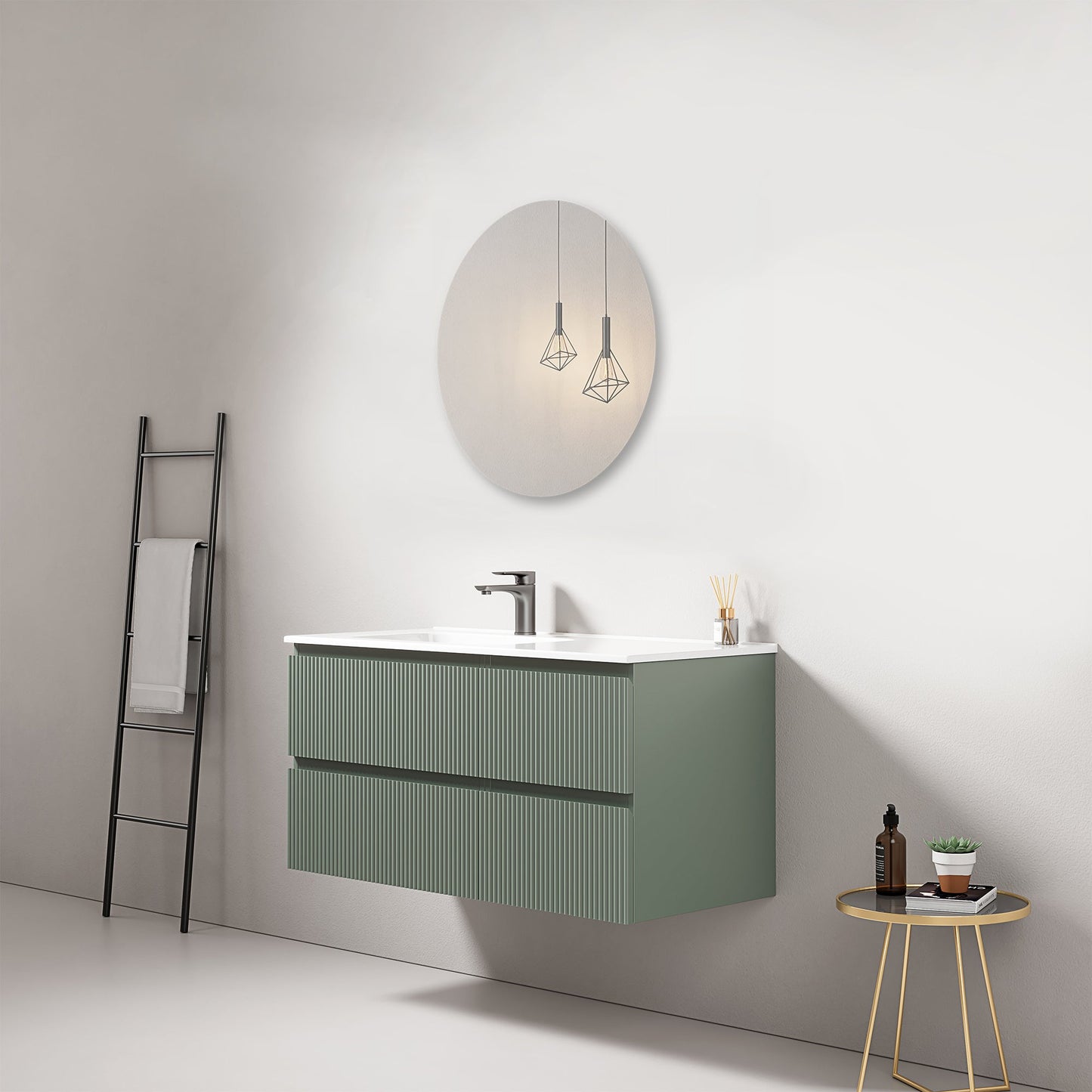 Mobile bagno sospeso cannettato 100 cm Verde Salvia Lavabo a Sinistra in Ceramica Specchio Tondo - Fiji Paint.