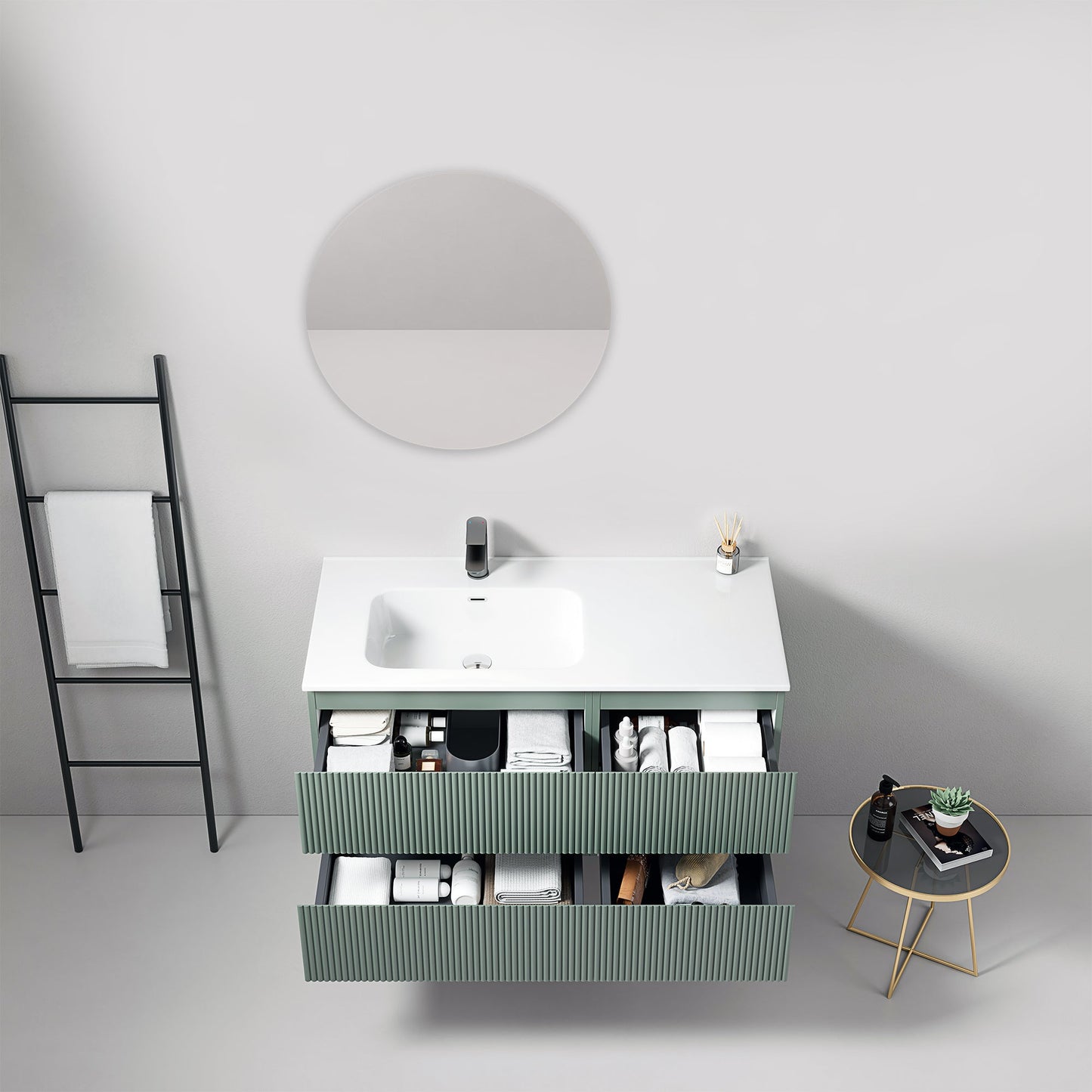 Mobile bagno sospeso cannettato 100 cm Verde Salvia Lavabo a Sinistra in Ceramica Specchio Tondo - Fiji Paint