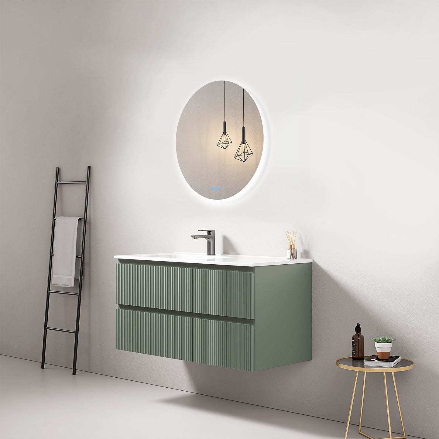 Mobile bagno sospeso cannettato 100 cm Verde Salvia Lavabo a Sinistra in Ceramica Specchio Tondo Retroilluminato - Fiji Paint