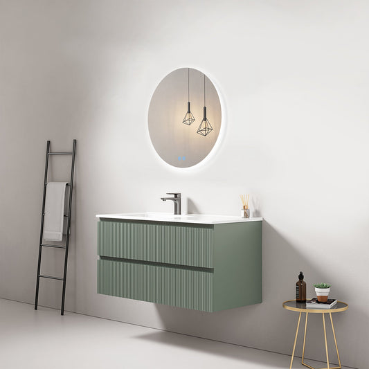Mobile bagno sospeso cannettato 100 cm Verde Salvia Lavabo a Sinistra in Ceramica Specchio Tondo Retroilluminato - Fiji Paint