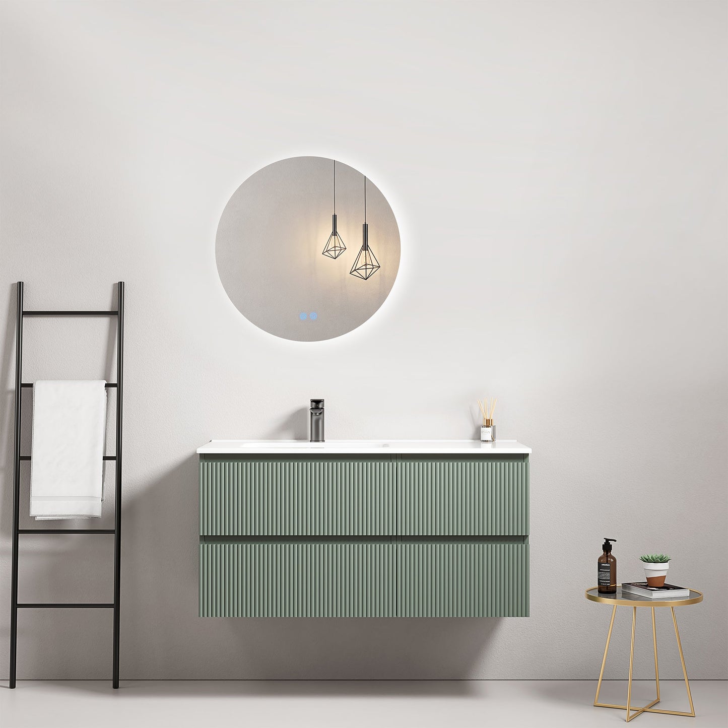 Mobile bagno sospeso cannettato 100 cm Verde Salvia Lavabo a Sinistra in Ceramica Specchio Tondo Retroilluminato - Fiji Paint