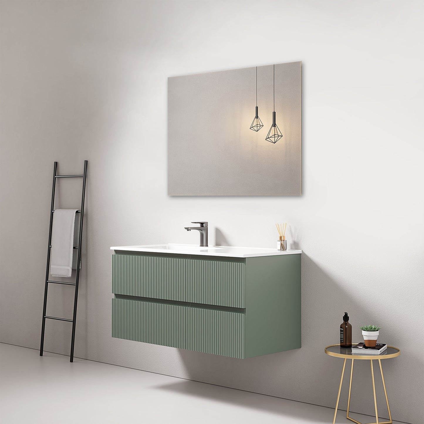 Mobile bagno sospeso cannettato 100 cm Verde Salvia Lavabo a Sinistra in Ceramica Specchio Quadro - Fiji Paint