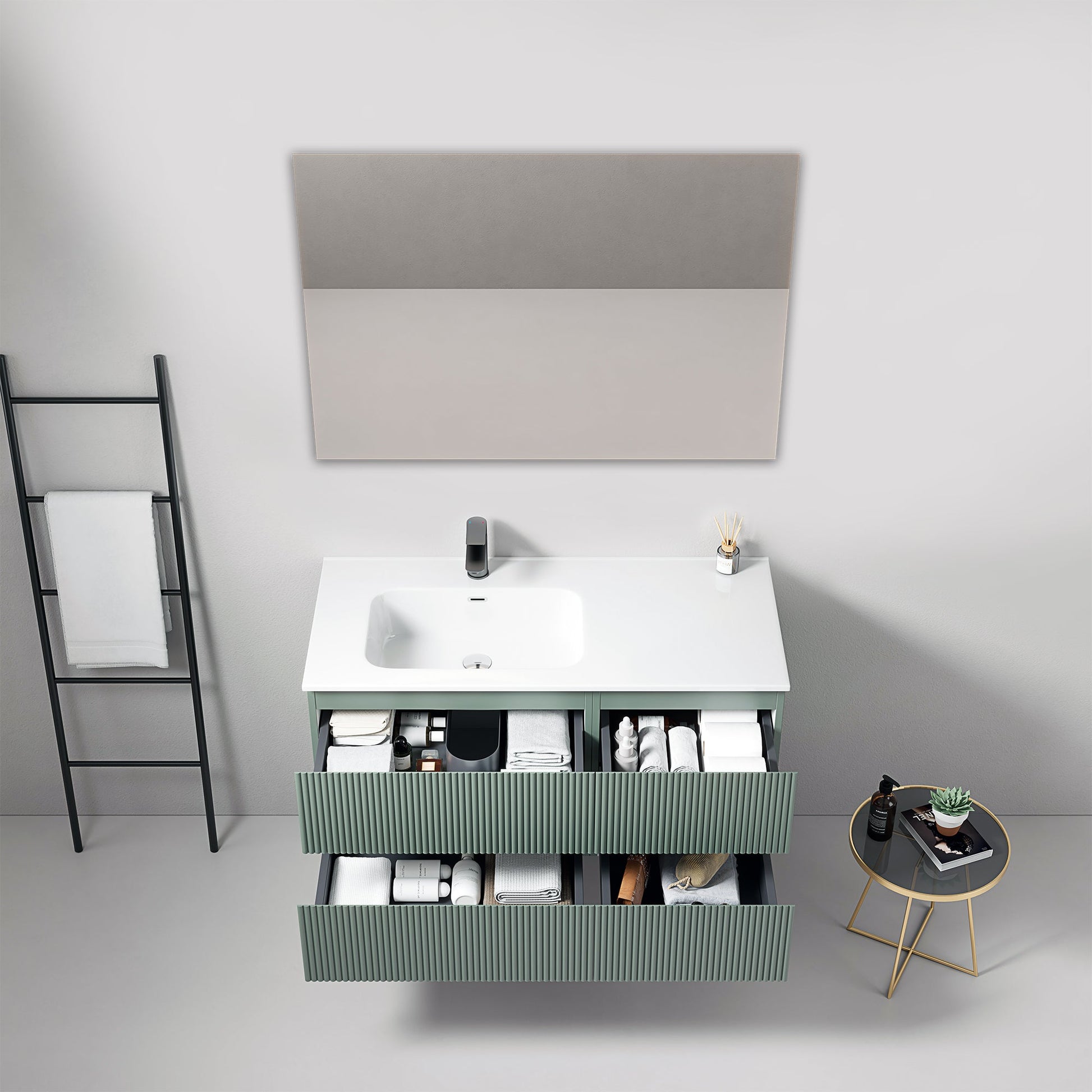 Mobile bagno sospeso cannettato 100 cm Verde Salvia Lavabo a Sinistra in Ceramica Specchio Quadro - Fiji Paint