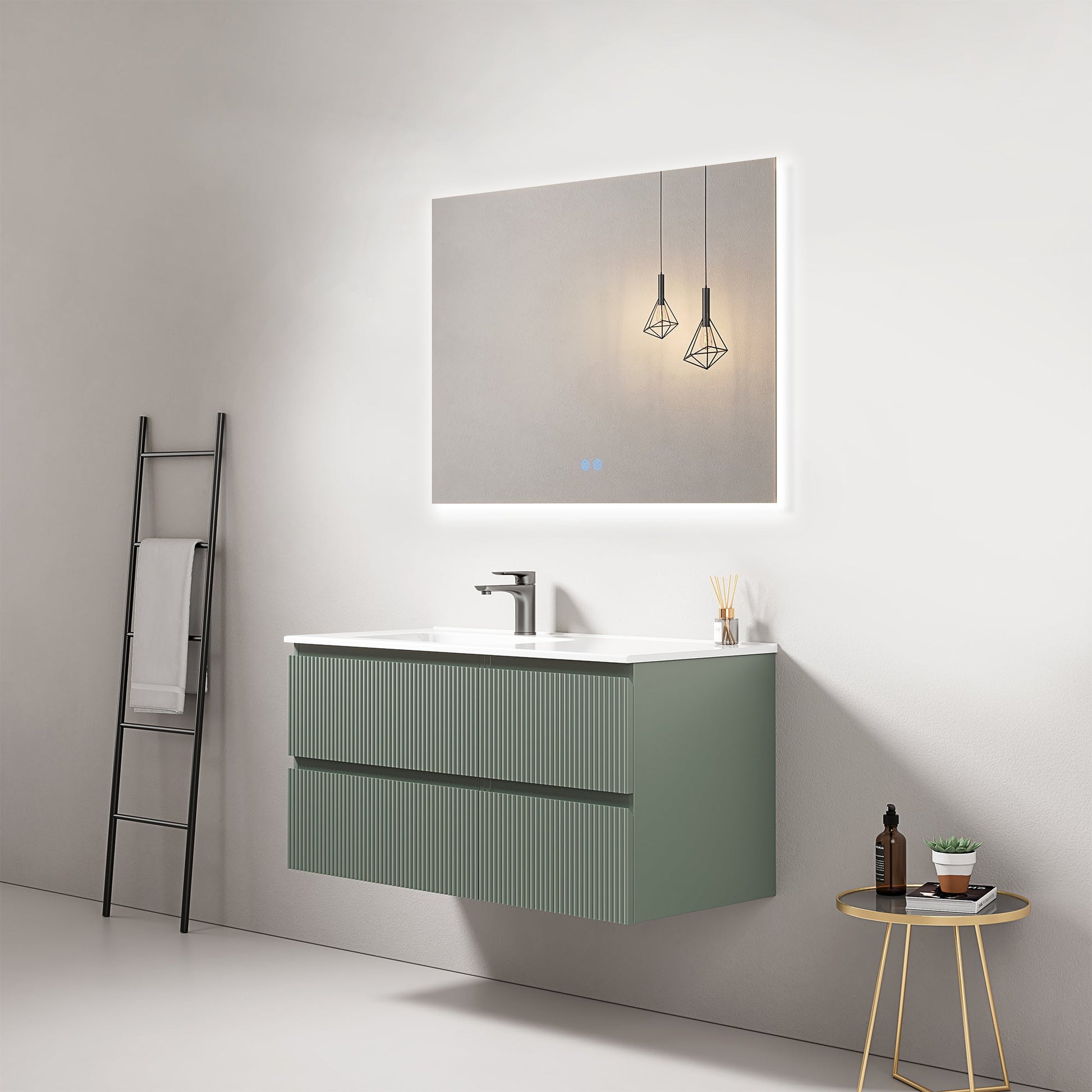 Mobile bagno sospeso cannettato 100 cm Verde Salvia Lavabo a Sinistra in Ceramica Specchio Quadro Retroilluminato - Fiji Paint