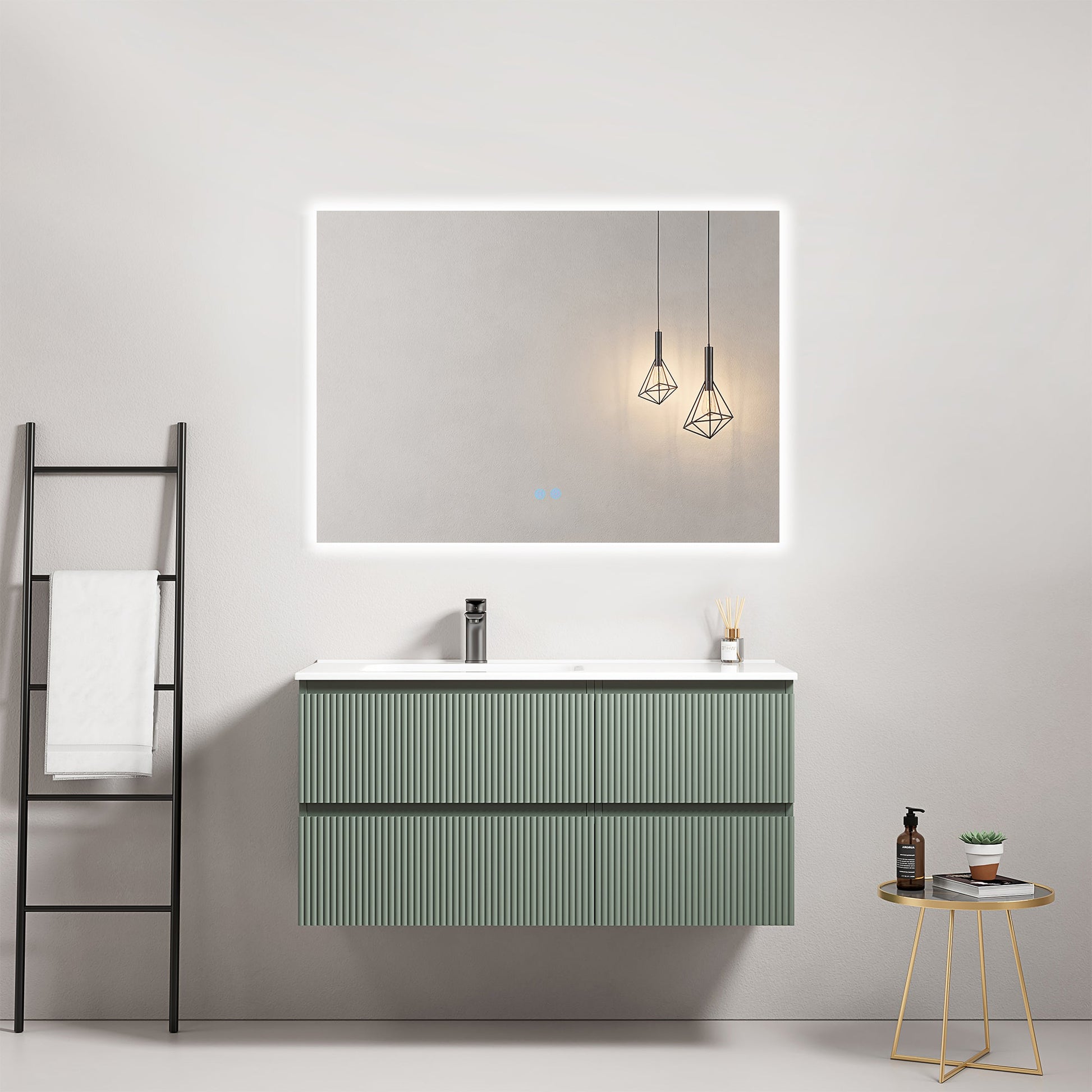 Mobile bagno sospeso cannettato 100 cm Verde Salvia Lavabo a Sinistra in Ceramica Specchio Quadro Retroilluminato - Fiji Paint