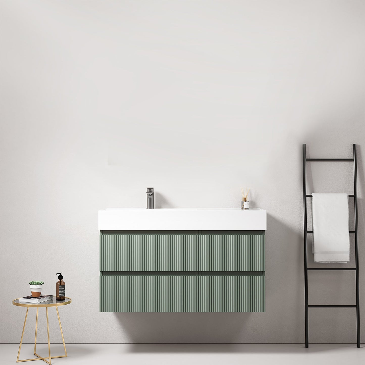 Mobile bagno sospeso cannettato 100 cm Verde Salvia Lavabo a Sinistra in Resina Senza Specchio - Fiji Paint.