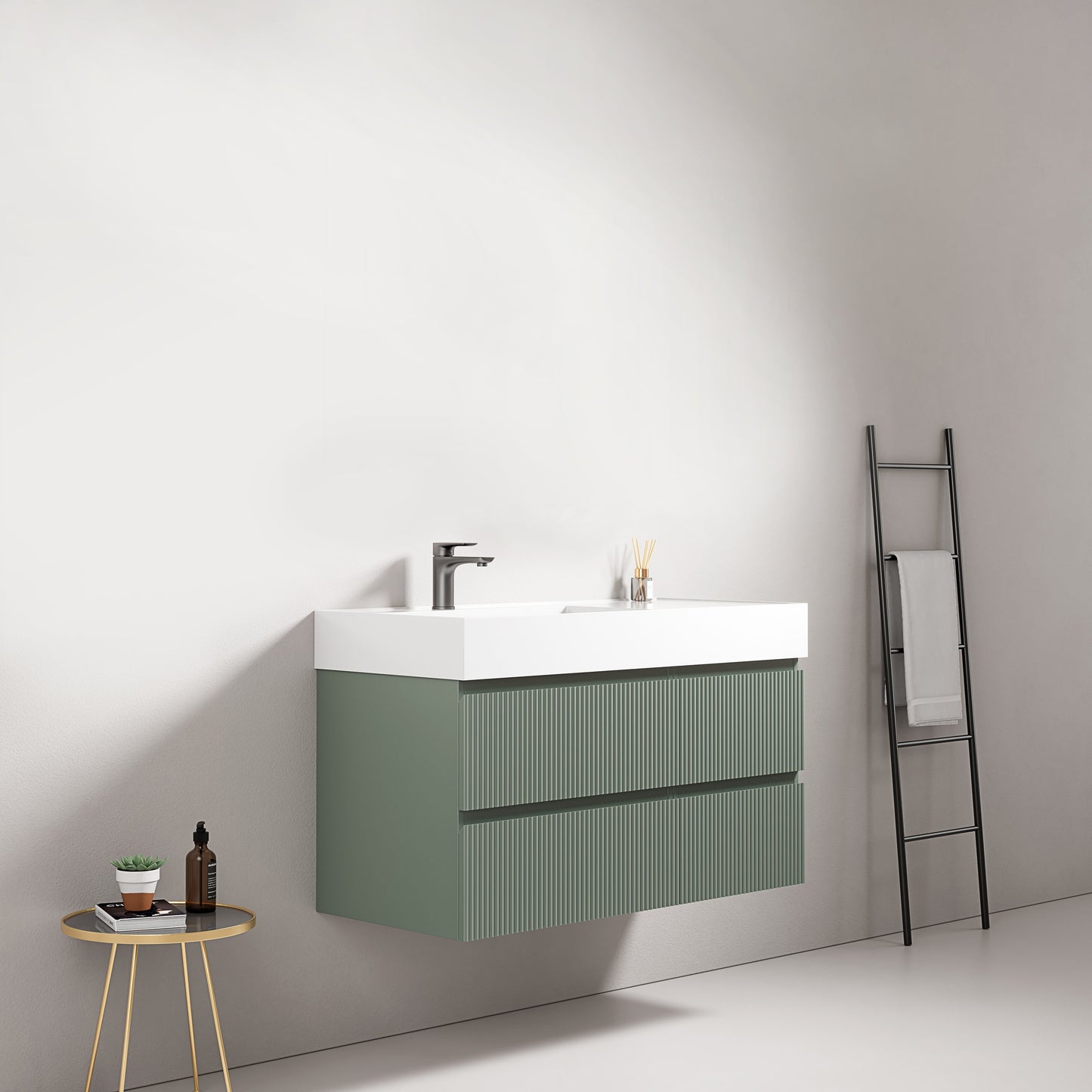 Mobile bagno sospeso cannettato 100 cm Verde Salvia Lavabo a Sinistra in Resina Senza Specchio - Fiji Paint